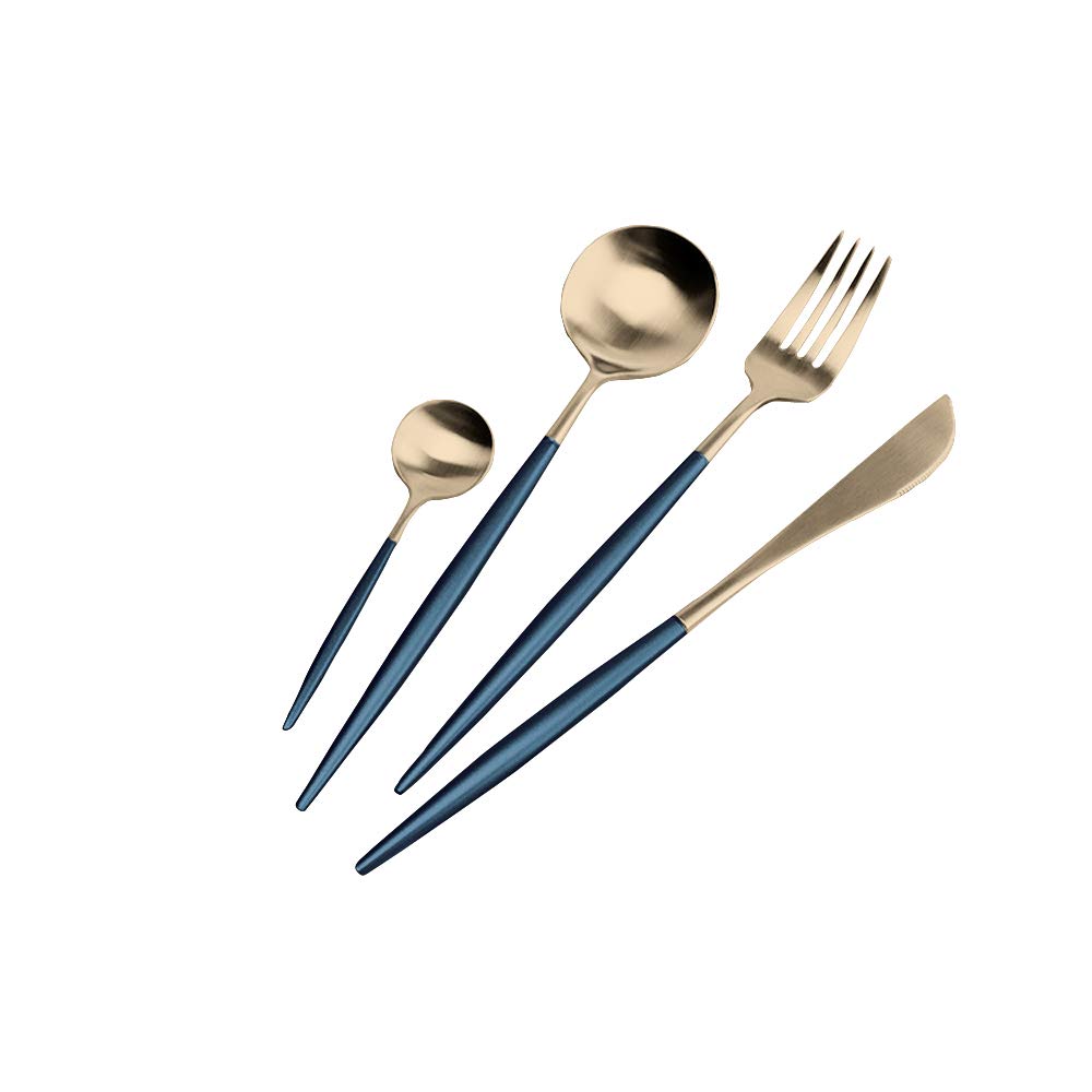 Premium 18/10 Stainless Steel Flatware Set - 4-Piece Matte Dinnerware Cutlery in Blue & Gold (Steak Knife, Fork, Spoon, Coffee Spoon) - Elegant Two-Tone Tableware for Fine Dining, Restaurants & Home Entertaining