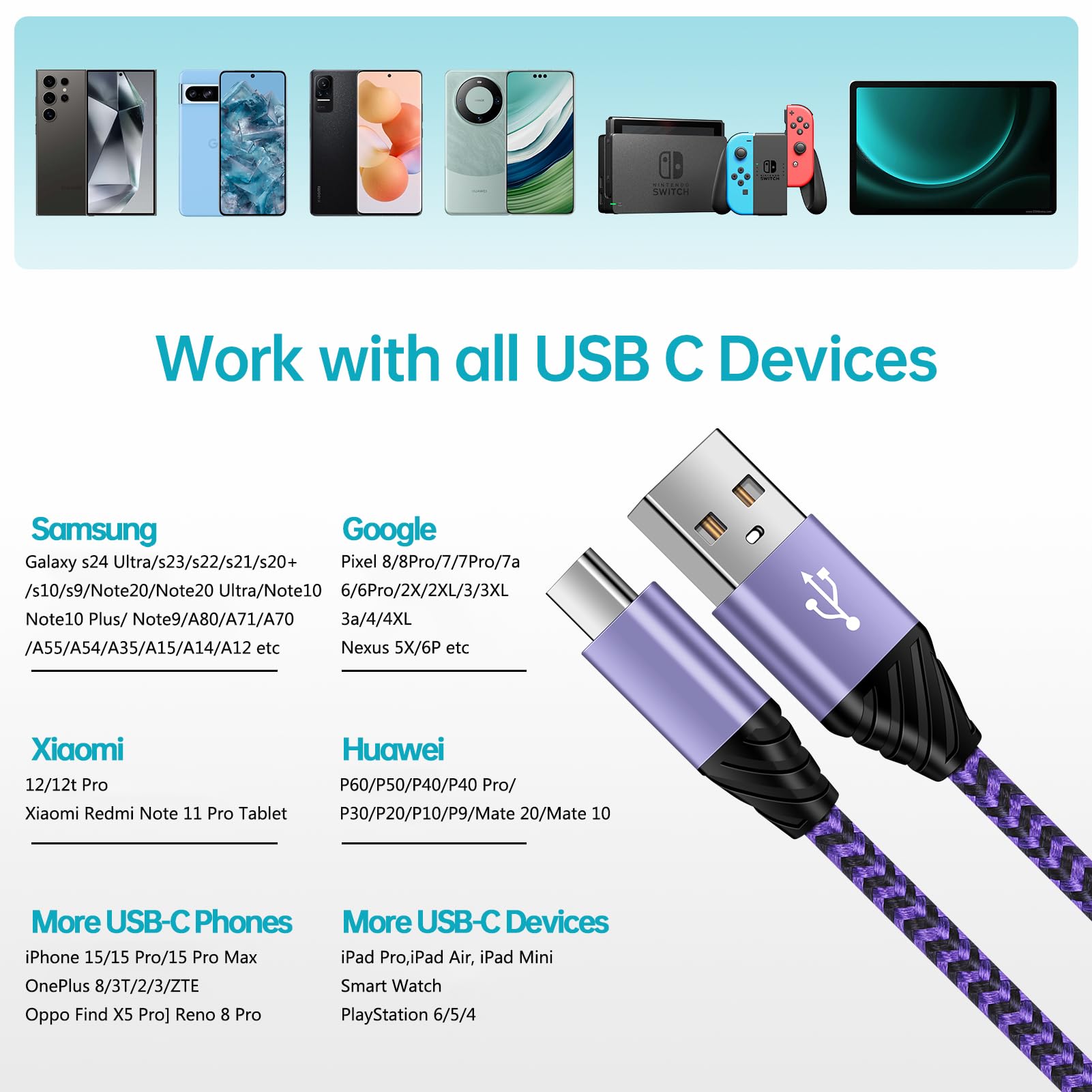 Premium 6FT+3FT Nylon Braided USB C Fast Charging Cable - Compatible with Samsung Galaxy S25 Ultra/S24/S23/S22, iPhone 16/15 Pro Max, Huawei, Moto Razr - Durable Fast Charge for Home, Office & Travel