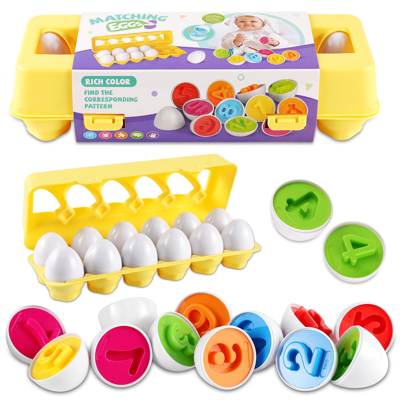 LOOIKOOS 12-Piece Matching Egg Toy Set - Educational Toddler Learning Toy for Color & Number Recognition - Fun Puzzle Game for Kids - Perfect for Preschool Learning & Playtime Activities