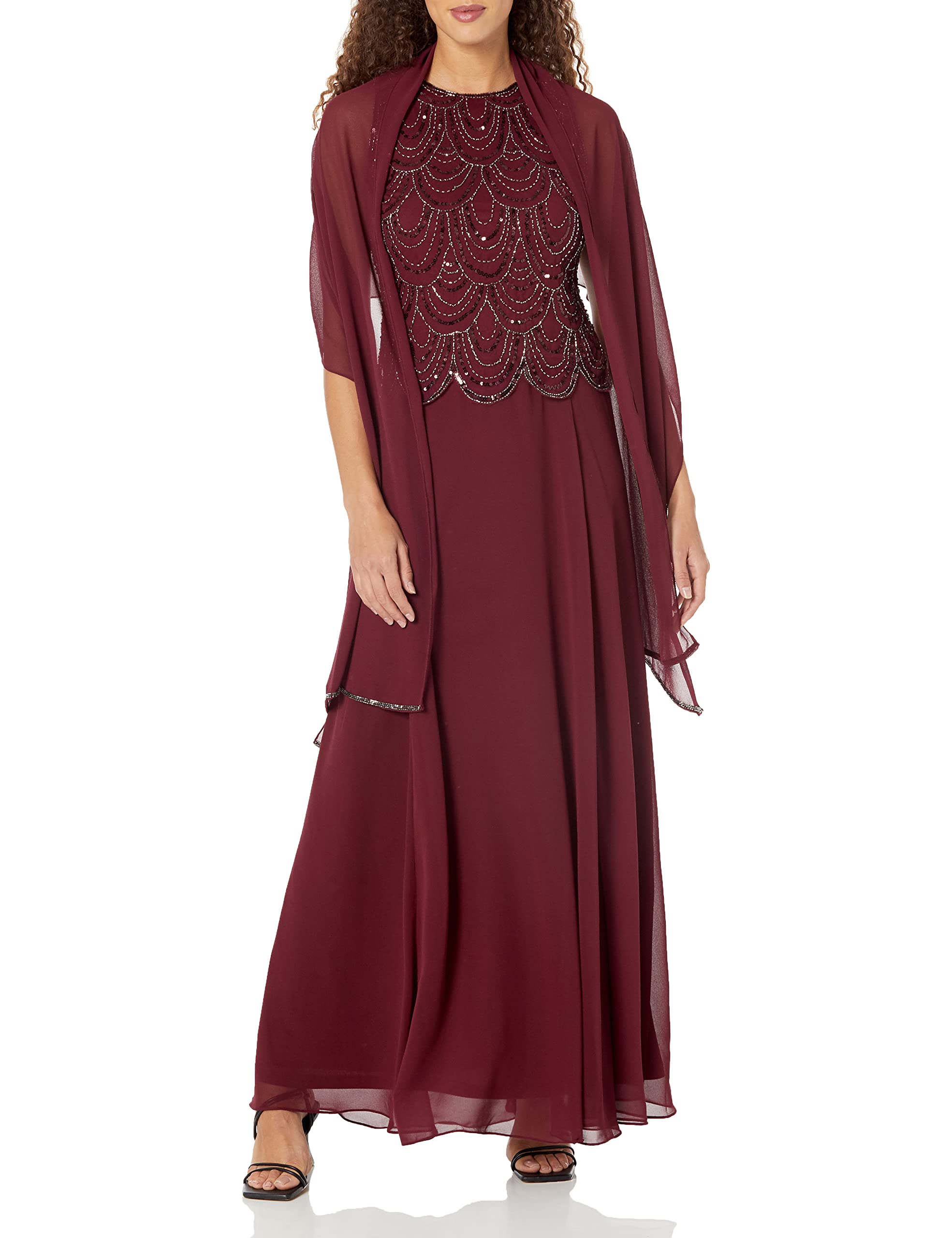 J Kara Women's Elegant Beaded Sleeveless Maxi Dress with Detachable Scarf - Perfect for Summer Weddings, Beach Vacations and Evening Parties