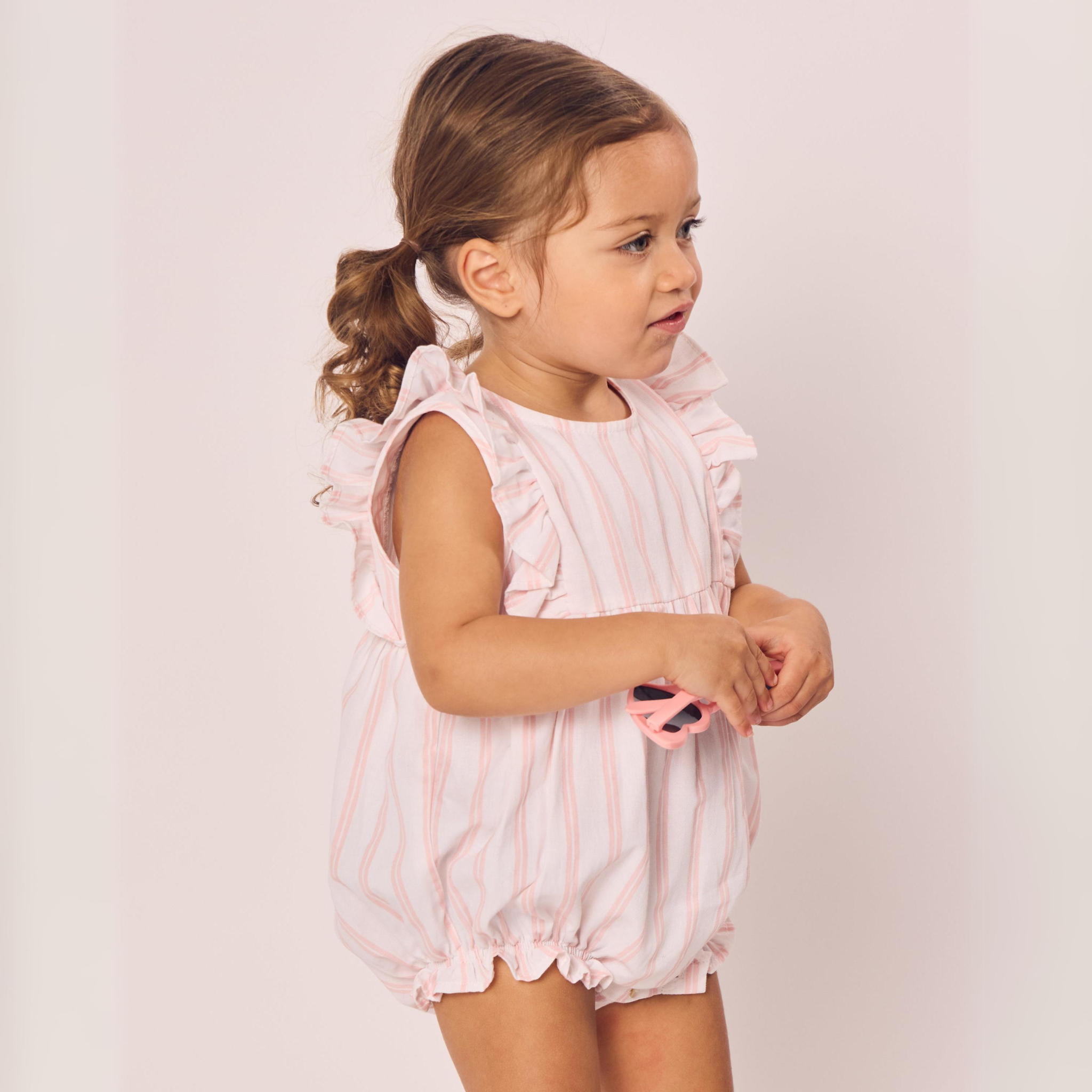 Pink and White Striped Baby Twill Romper with Ruffles - Soft & Comfortable Outfit for Newborns, Infants - Perfect for Playdates, Photo Shoots & Special Occasions