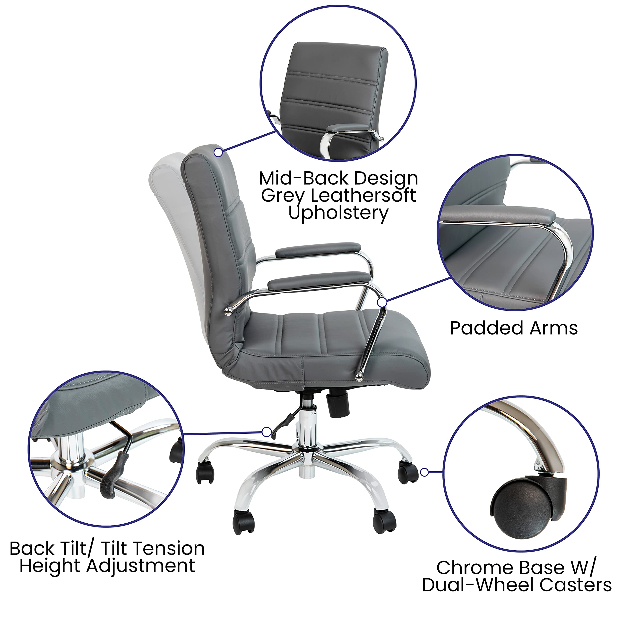 Whitney Mid-Back Swivel Office Chair - Adjustable Height, Padded Seat & Armrests for Home & Office