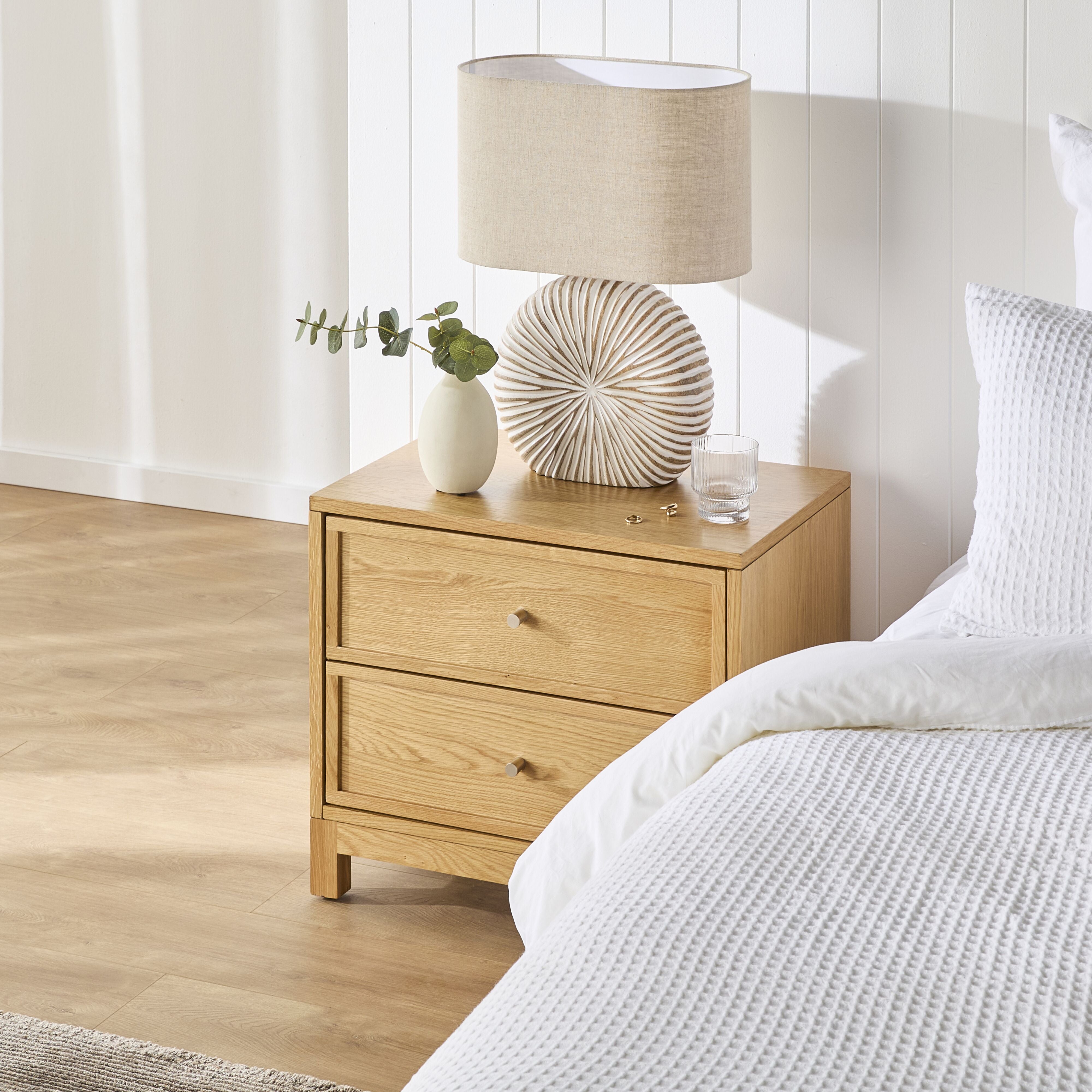 Avalon Small 2-Drawer Nightstand in Light Oak - Compact Bedside Table for Bedroom, Living Room or Office Storage