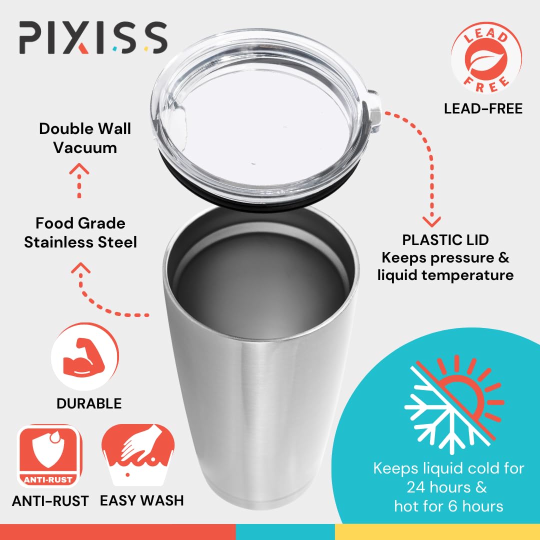 Pixiss 16 oz Stainless Steel Vacuum Insulated Coffee Tumbler - BPA Free Travel Mug with Leakproof Lid - Keeps Hot & Cold for 12 Hours - Perfect for Commuting, Camping & Office Use