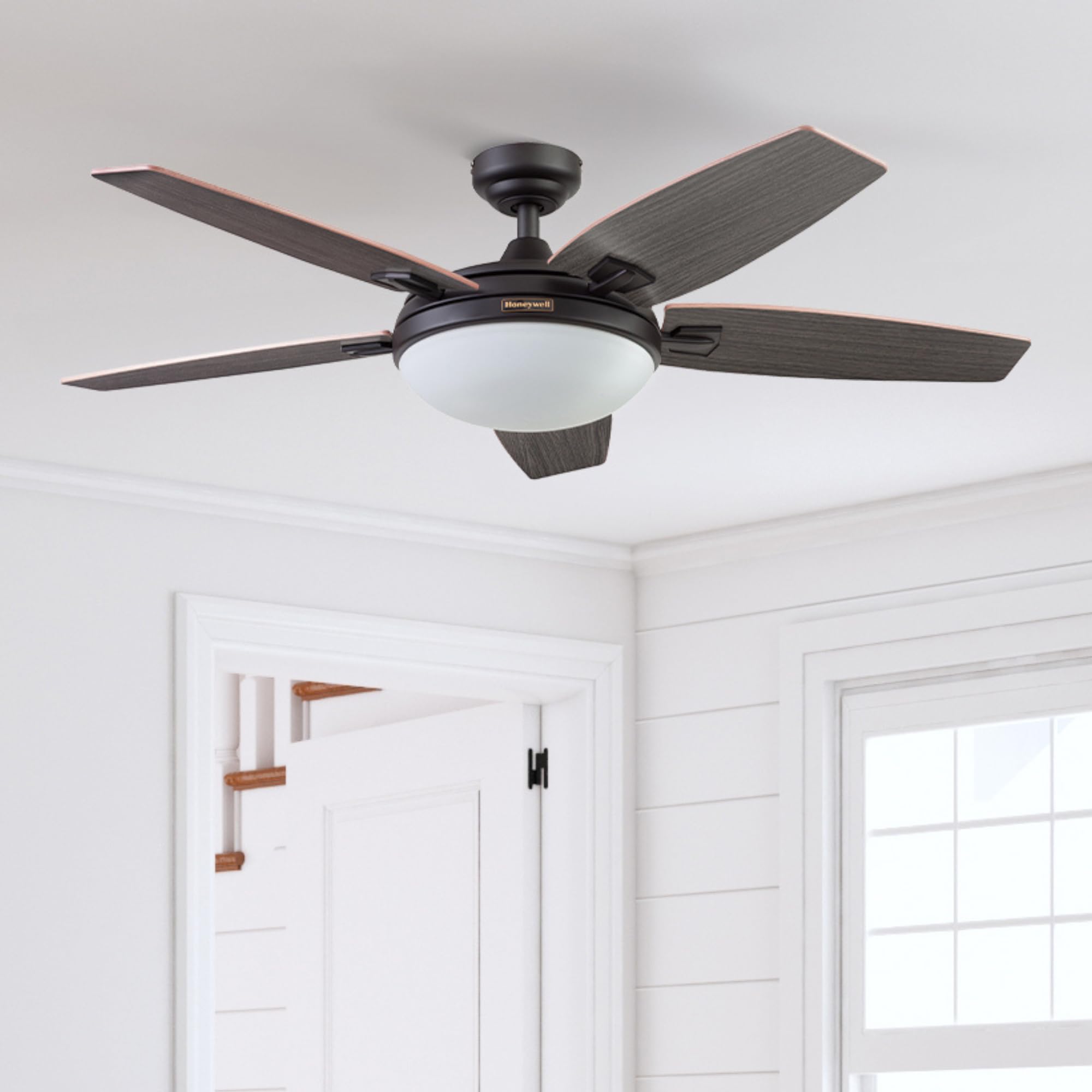 Honeywell Carmel 48 Inch Modern Ceiling Fan with LED Light and Remote Control - 5 Blades, Gray Ironwood/Brown Maple Finish - Bronze (50197-01) - Perfect for Living Room, Bedroom, and Indoor Spaces