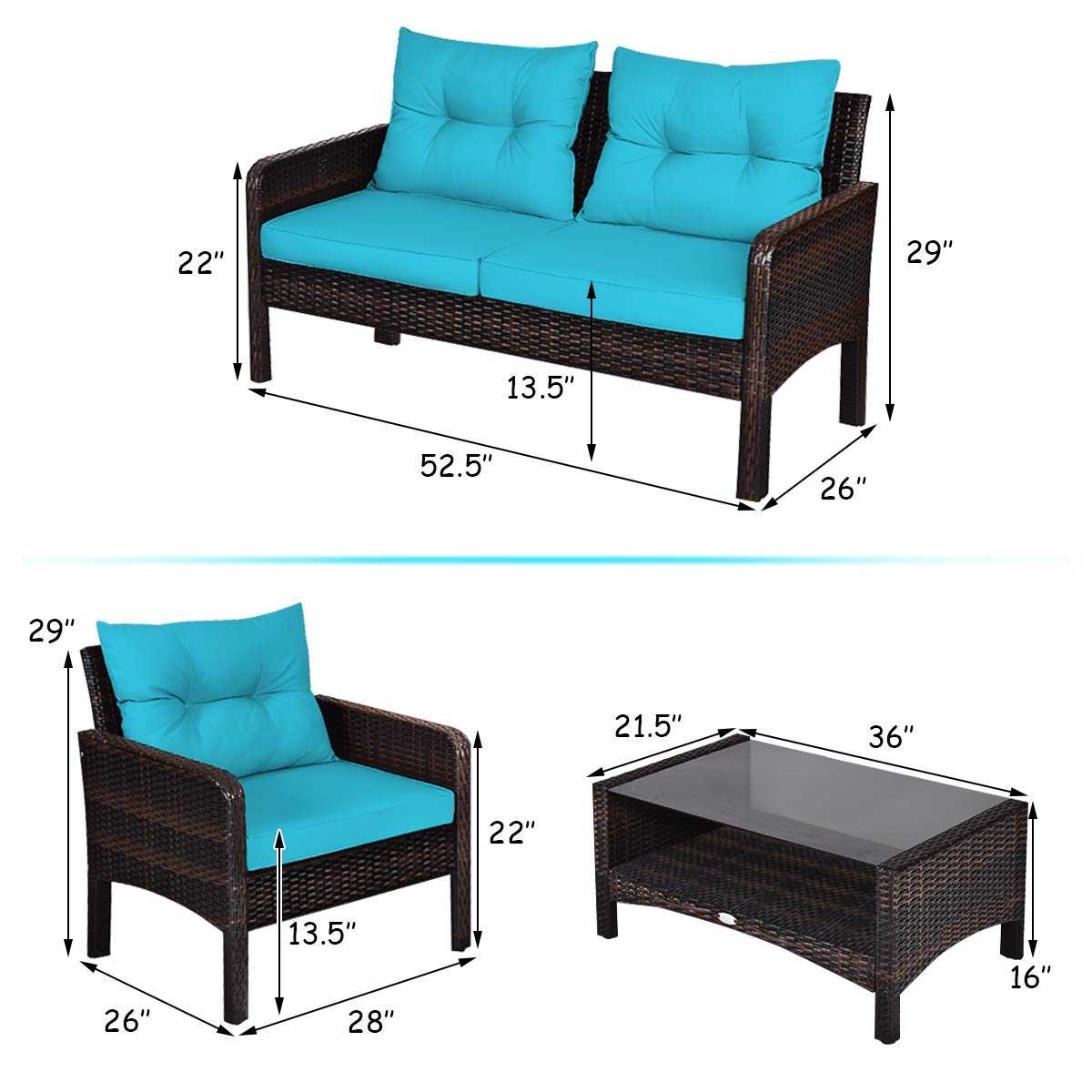 Tangkula 4-Piece Outdoor Patio Furniture Set - All-Weather Wicker Sofa Set with Glass Top Coffee Table & Thick Cushions - Turquoise Conversation Set for Porch, Garden, Poolside, Lawn & Backyard Relaxation