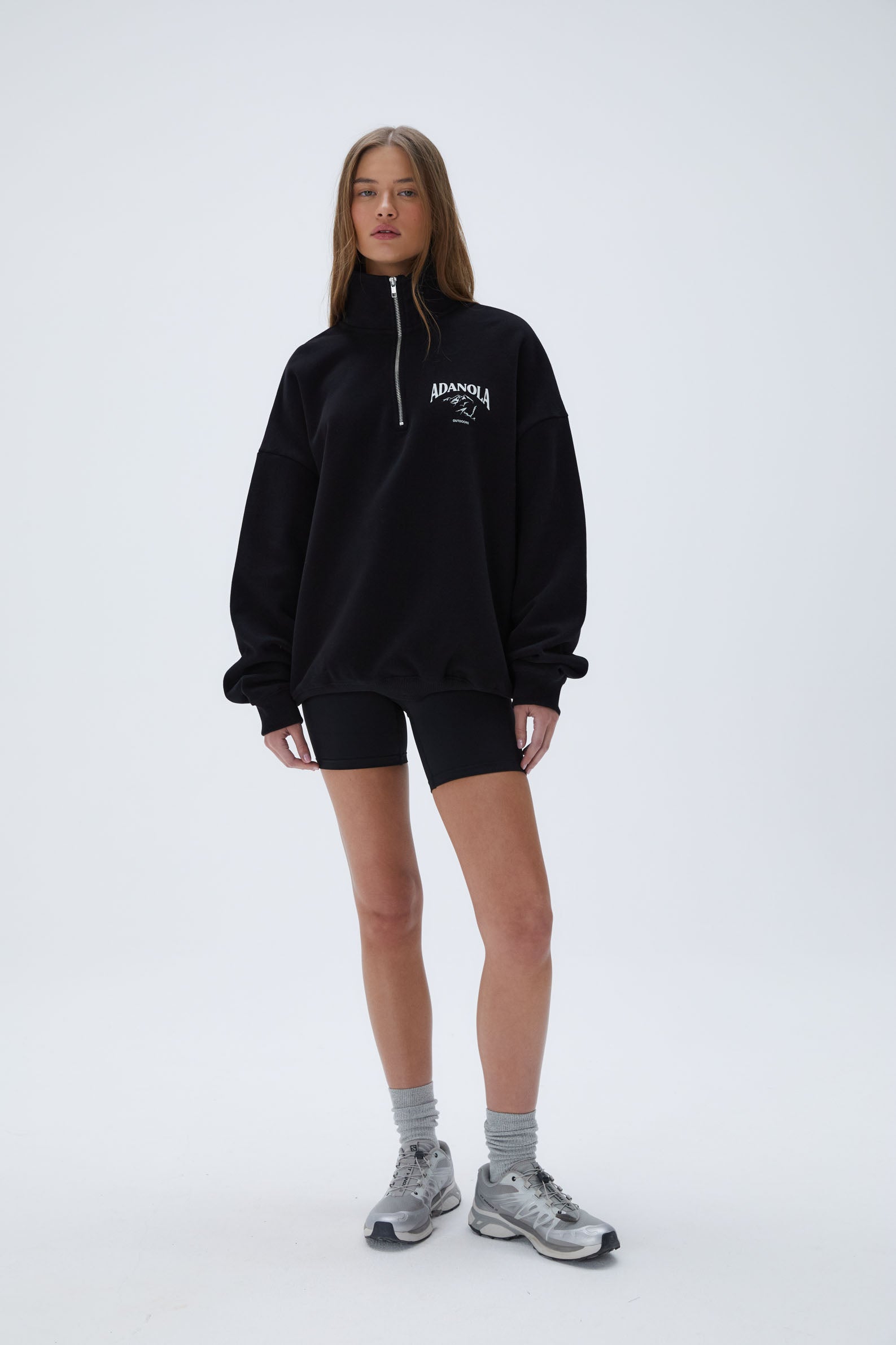 Oversized Funnel Neck Zip-Up Sweatshirt for Women - Black | Cozy Fleece Pullover Hoodie for Outdoor Activities, Hiking & Casual Wear