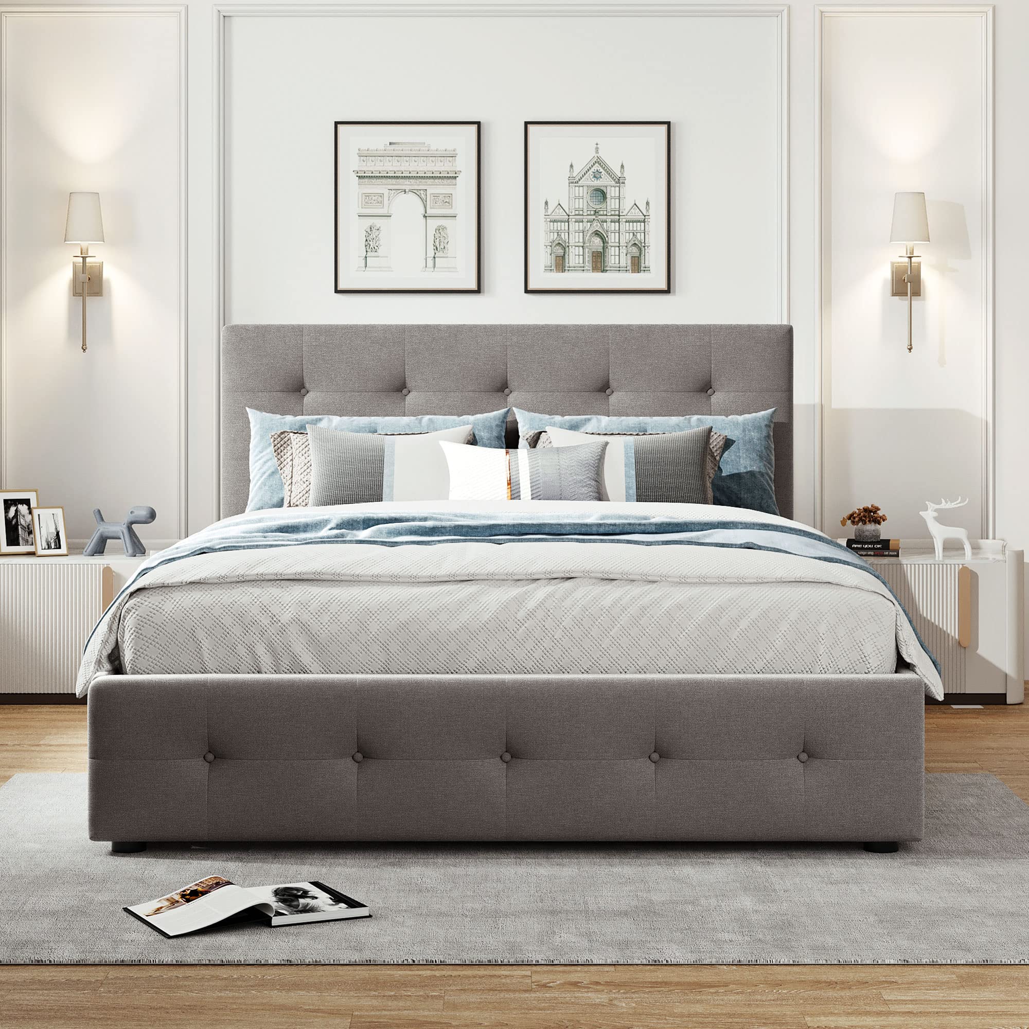 Queen Upholstered Storage Bed with Wooden Platform & Twin XL Trundle - Light Grey Button Tufted Headboard | Space-Saving Bedroom Solution for Small Spaces & Guest Rooms
