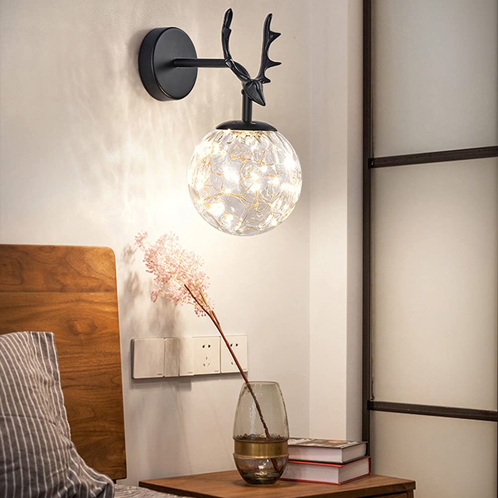 Clear Hammered Glass Globe Wall Sconce - Antler-Inspired Black Farmhouse Lantern Lighting for Bathroom Mirror, Hallway, Living & Dining Room - 5.9
