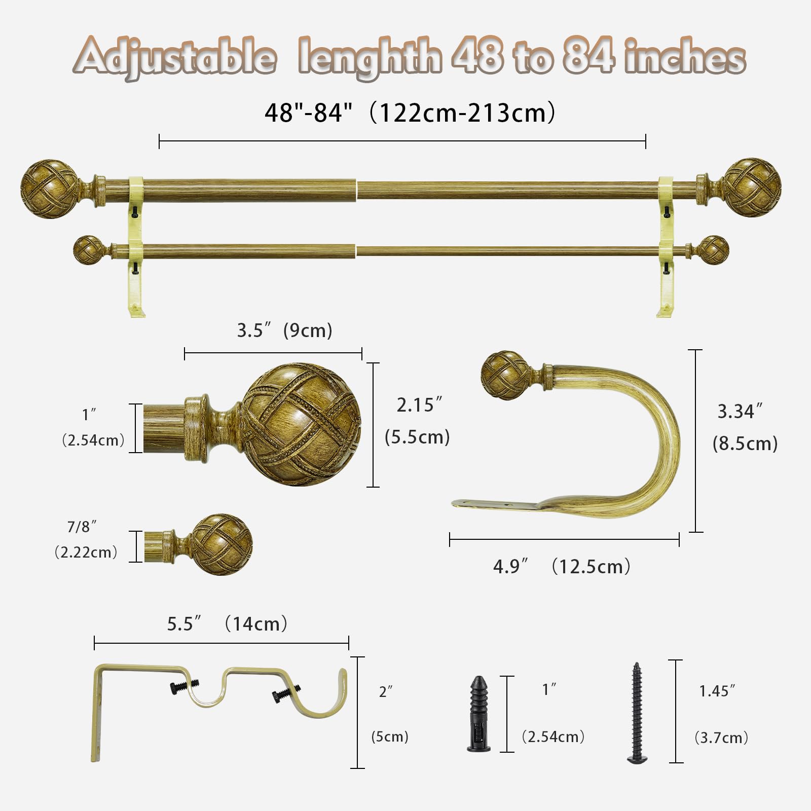 Ycolnaefllr 1 Inch Double Curtain Rod Set - Adjustable 48-84 Inch for Windows, Heavy Duty Drapery Rod with Resin Finials & Holdbacks, Burlywood - Perfect for Living Room, Bedroom & Home Decor