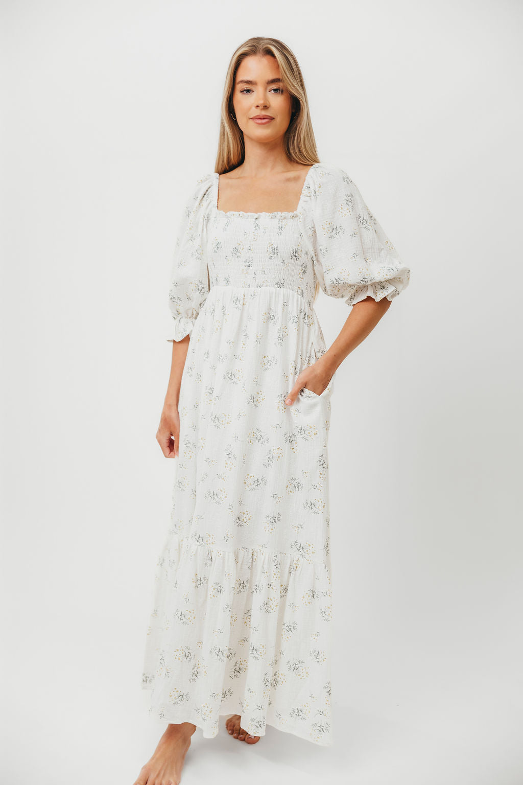 Livvy 100% Cotton Maxi Dress for Women - Off White/Chamomile Floral Print - Summer Beach Dress, Boho Chic, Casual & Party Wear