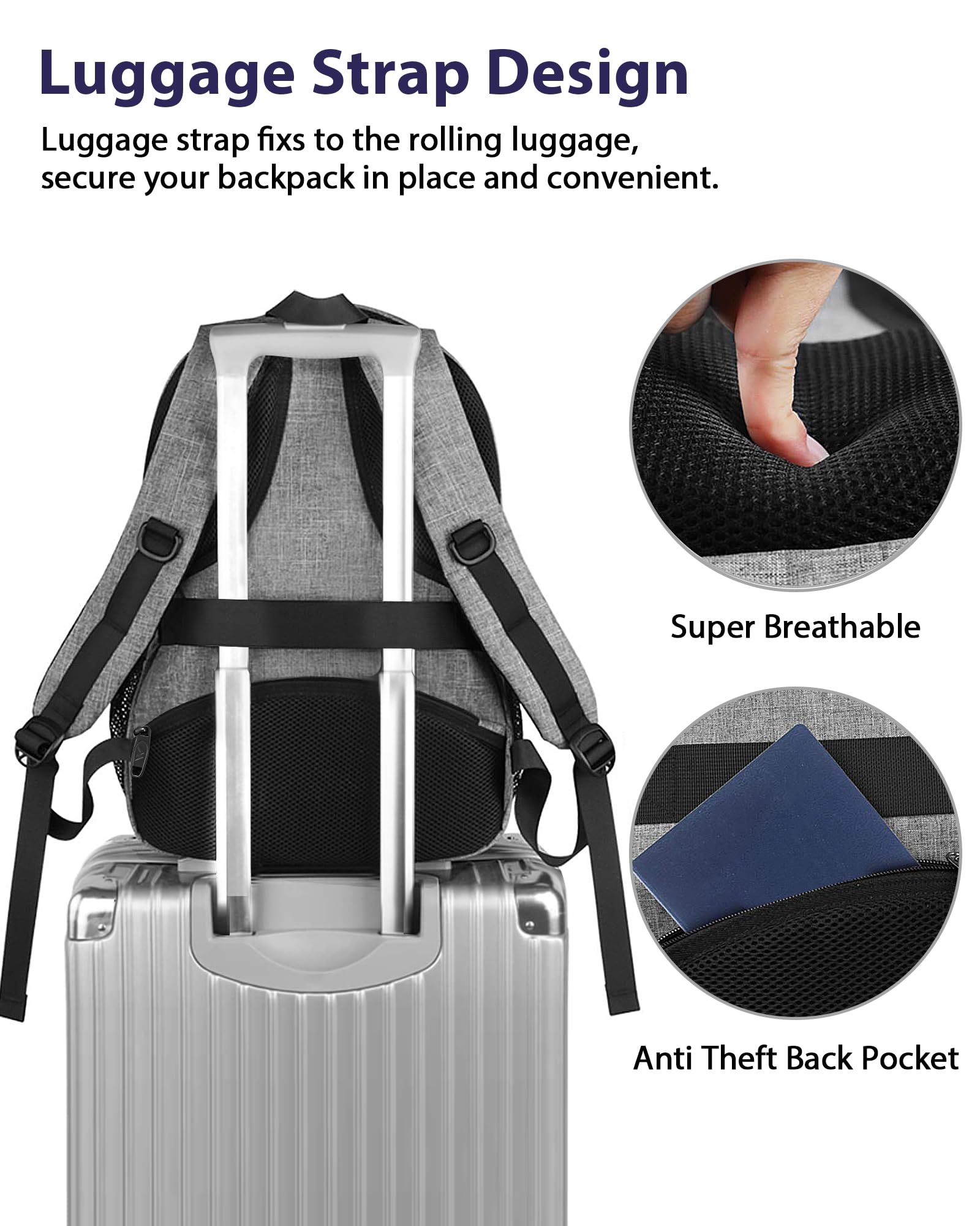 Matein 17 Inch Travel Laptop Backpack - TSA Approved Business Carry On Backpack with USB Charging Port & Trolley Sleeve, Durable College School Book Bag for Men & Women (Grey) - Perfect for Air Travel, Commuting & Campus Life