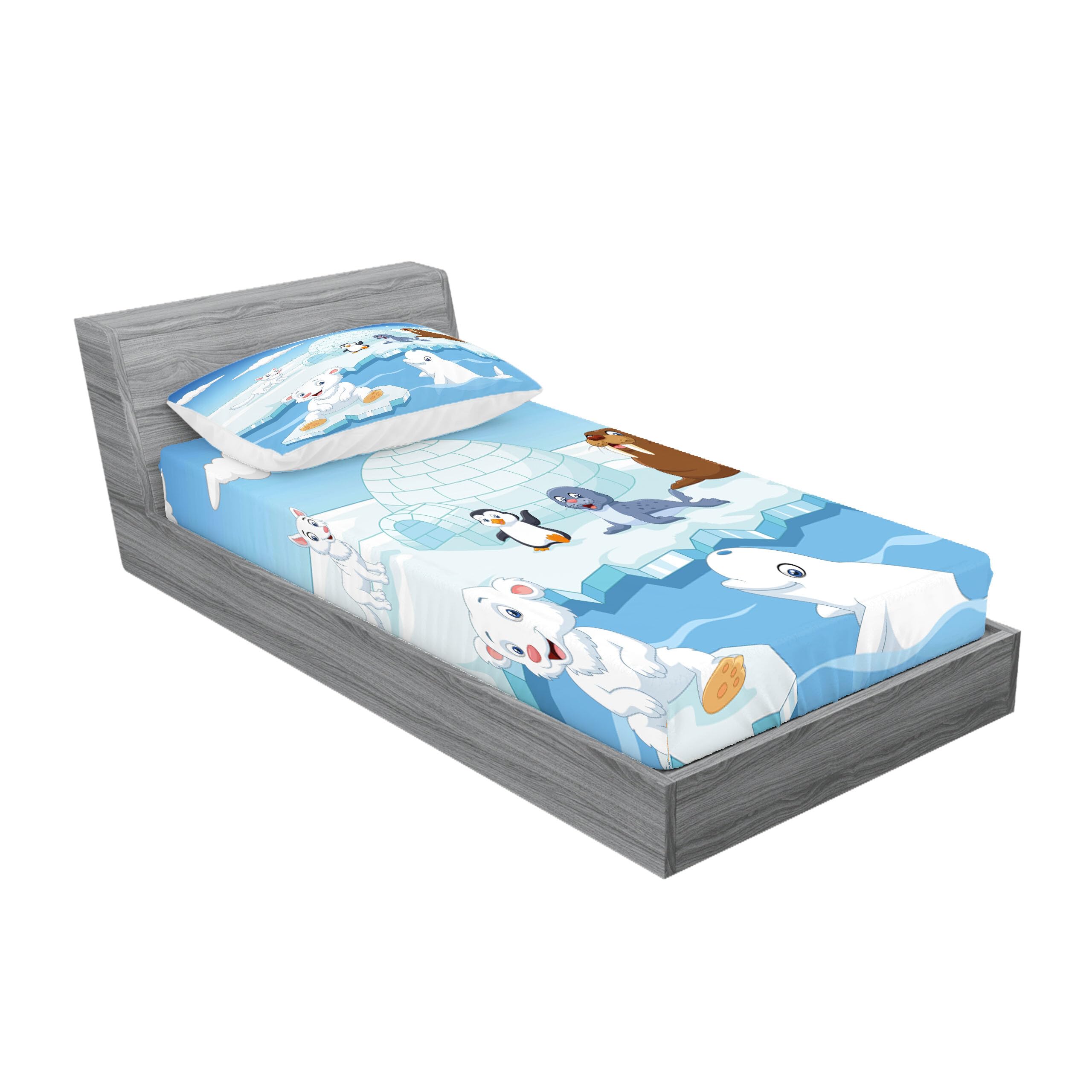 Ambesonne Arctic Animals Fitted Sheet & Pillow Sham Set - Polar Bears, Seals, Penguins, Wolves & Whales Art Print 2-Piece Twin XL Bedding in Sky Blue & White | Perfect for Kids' Rooms, Wildlife Themed Decor & Cozy Winter Bedrooms