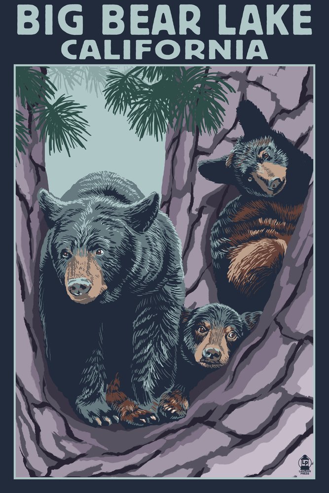Big Bear Lake California Bear and Cubs 12x18 Wall Art Poster - Nature Wildlife Decor for Living Room, Bedroom, Office - Perfect Gift for Animal Lovers