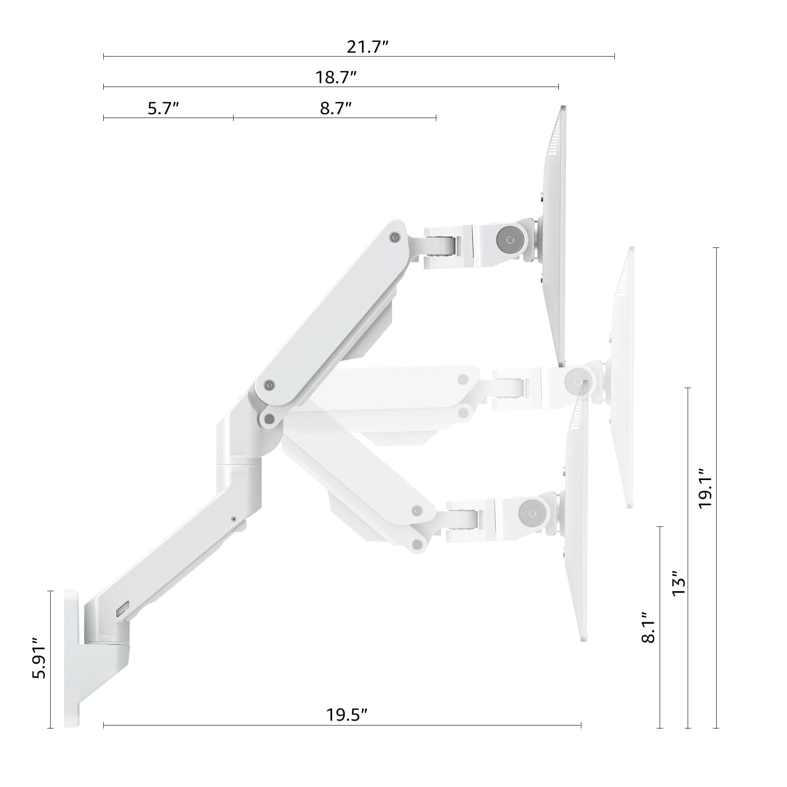 BEWISER Heavy Duty Monitor Arm Wall Mount for 34-57 Inch Ultrawide Monitors up to 44lbs - Adjustable Ergonomic VESA Mount Bracket for Home Office, Gaming & Workstation Setup (White)