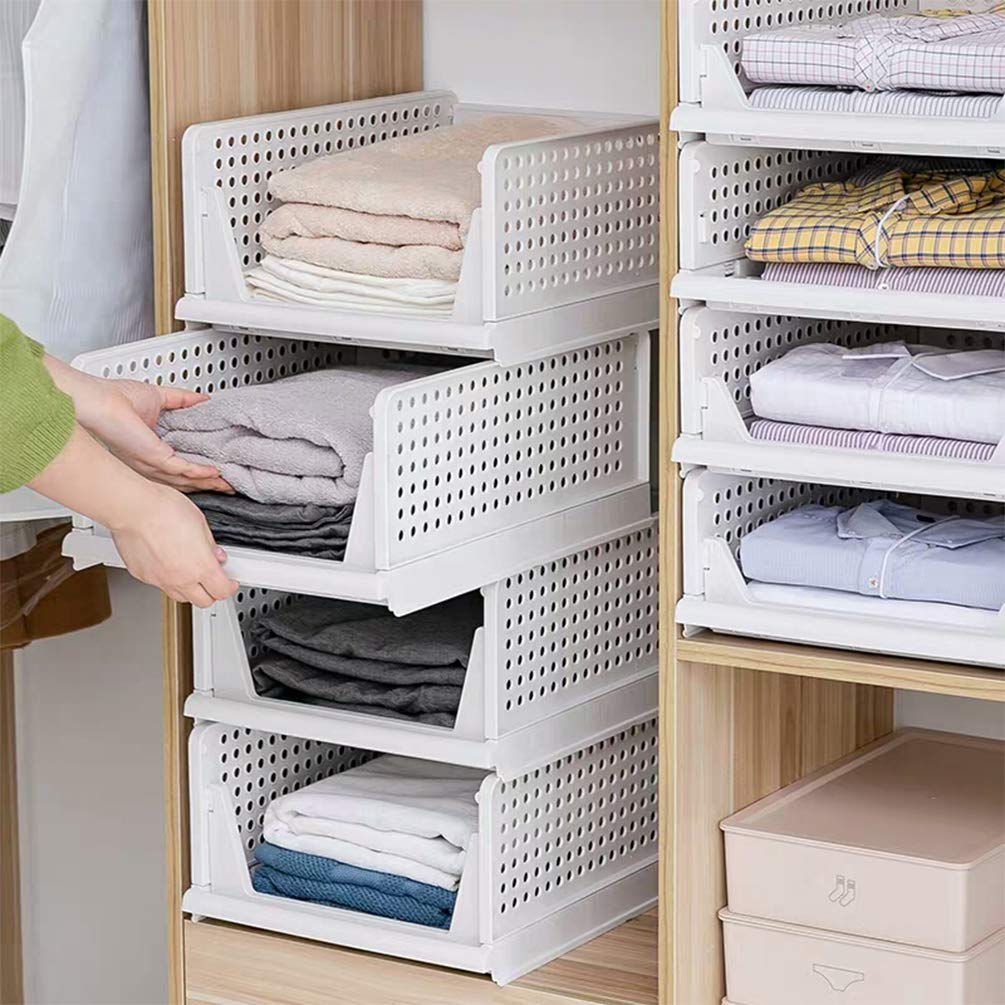4-Pack Stackable Foldable Closet Organizer Bins - White Plastic Storage Boxes with Easy Open & Fold Design, Drawer-Style Pull Out for Wardrobe, Shelves, Home, Bedroom & Kitchen Organization | Perfect for Clothes, Toys, Pantry Items & Household Storage