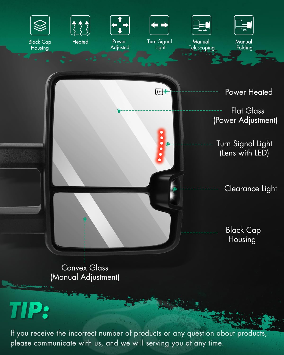 SCITOO Black Power Heated Towing Mirrors with Puddle Lights & Turn Signal - Compatible with 2014-2018 Chevy Silverado/GMC Sierra 1500/2500HD/3500HD - Enhanced Visibility for Safe Towing & Night Driving
