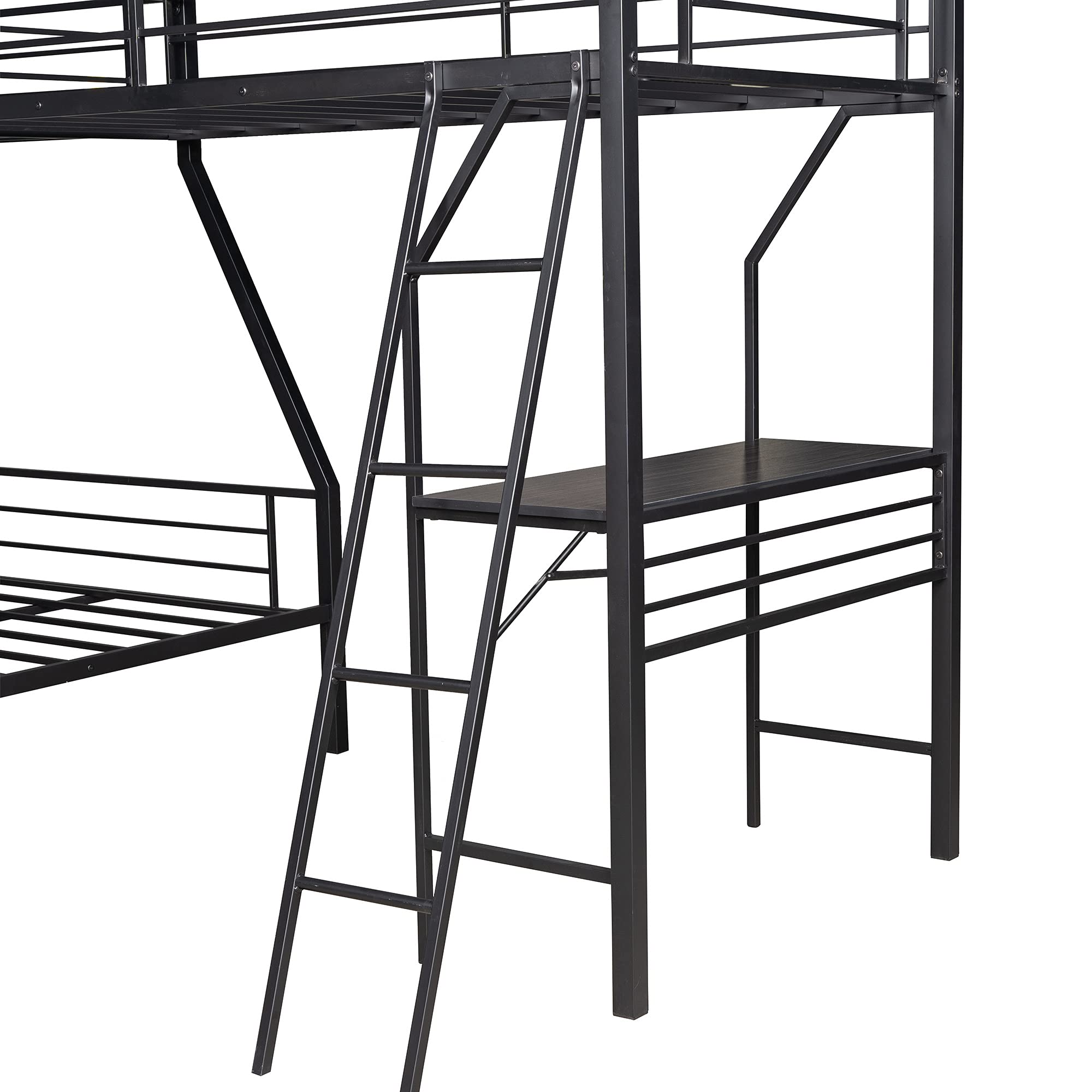 Space-Saving Metal Loft Bed - Twin Over Full Bunk Bed with Built-in Desk, Ladder & Safety Guardrails | Triple Loft Bed Design, No Box Spring Required | Perfect for Small Apartments, Dorms & Kids' Rooms