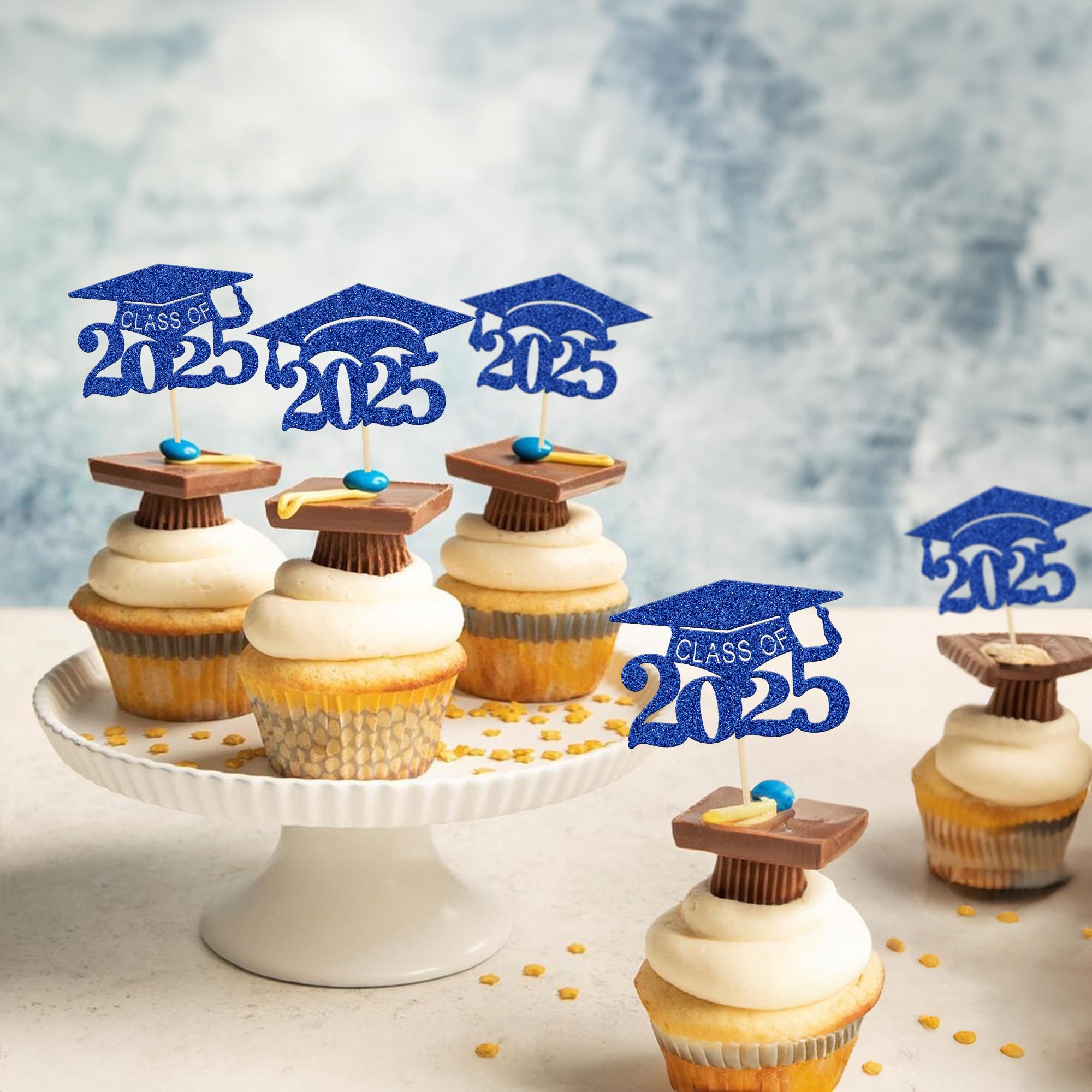 24Pcs 2025 Graduation Cap Cupcake Toppers - Glitter Class of 2025 Grad Cap Cake Decorations - Deep Blue - Perfect for Graduation Party, School Celebration & Dessert Decor