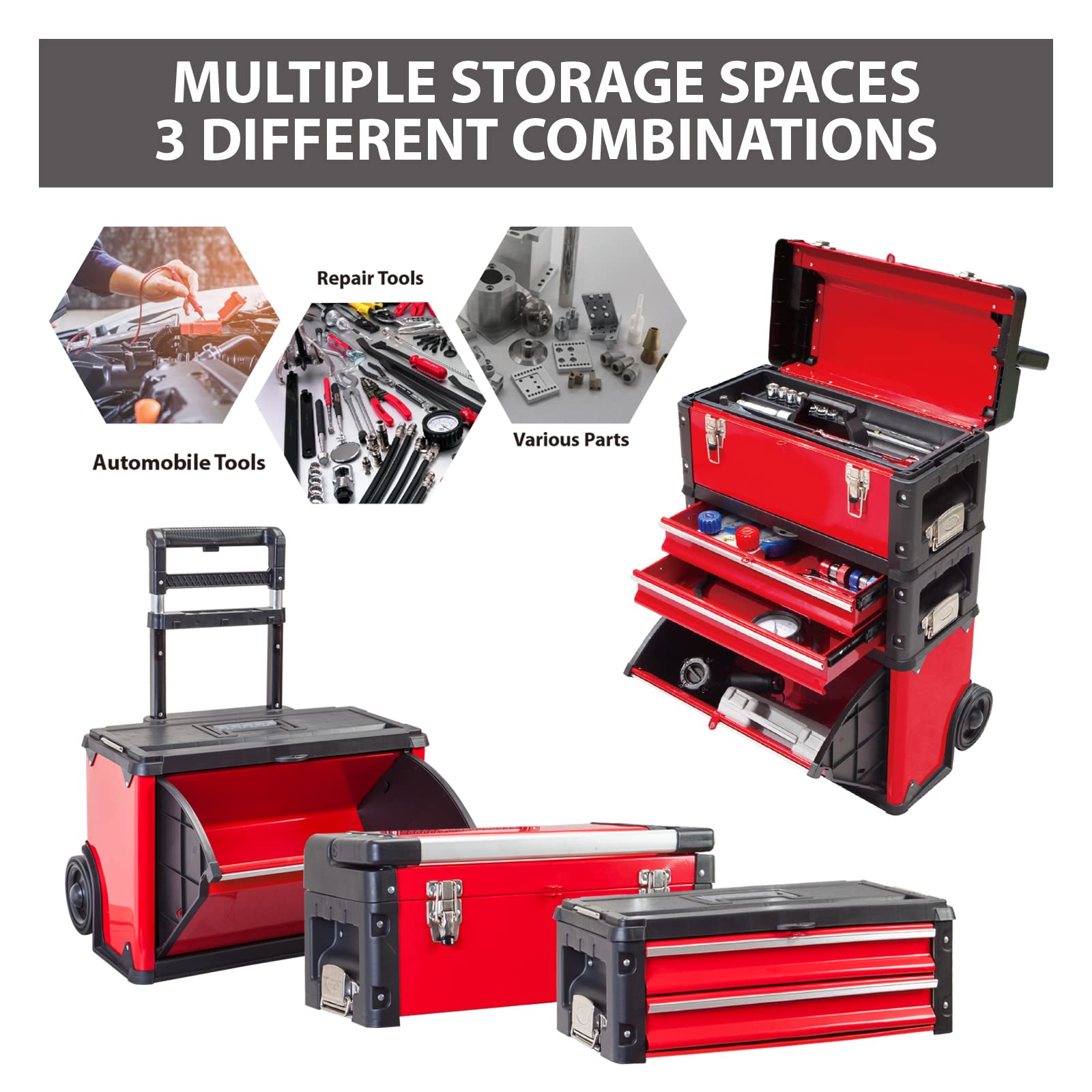 BIG RED Stackable Portable Metal Tool Box Organizer with Wheels & 2 Drawers - Rolling Upright Trolley Tool Chest for Garage, Workshop, or DIY Projects - Heavy Duty Tool Storage Solution - Perfect for Mechanics, Carpenters, and Home Improvement (Red, ATRJF-C305ABDR)