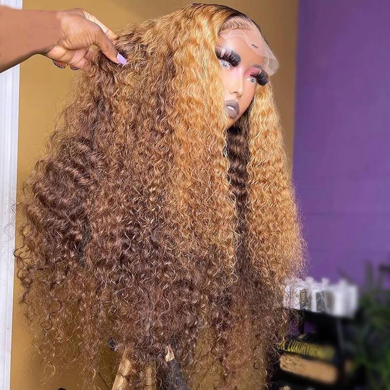 Eullair Ombre 1B Honey Blonde Brown Curly Lace Frontal Wig - Glueless Human Hair Wig with Pre-Plucked Hairline for Women | Perfect for Daily Wear, Parties & Special Occasions