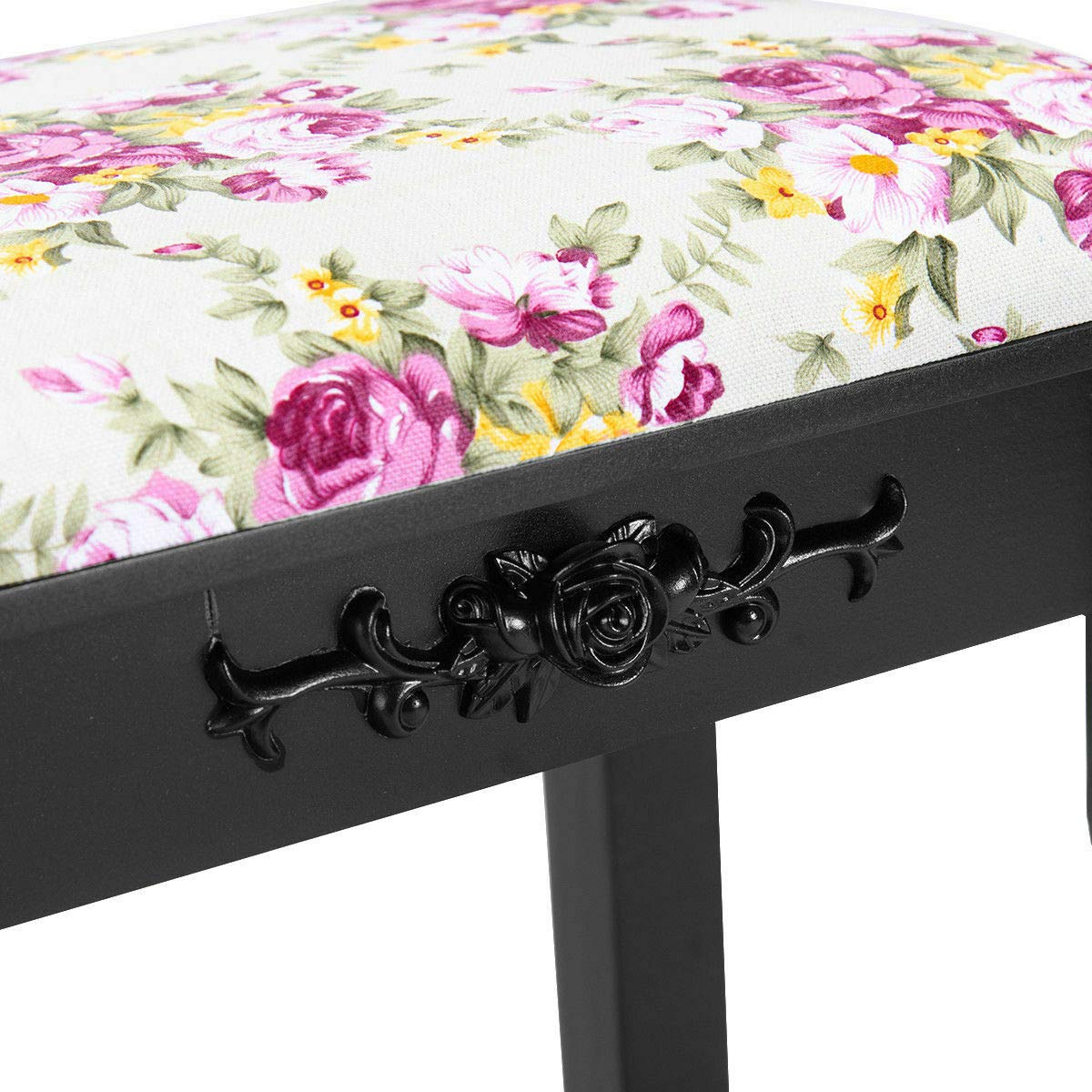 Black Vanity Stool with Padded Seat - Wooden Makeup Chair with Rose Cushion for Dressing Table, Bedroom Decor & Piano Bench - Perfect for Cosmetics, Jewelry Organization & Vanity Area
