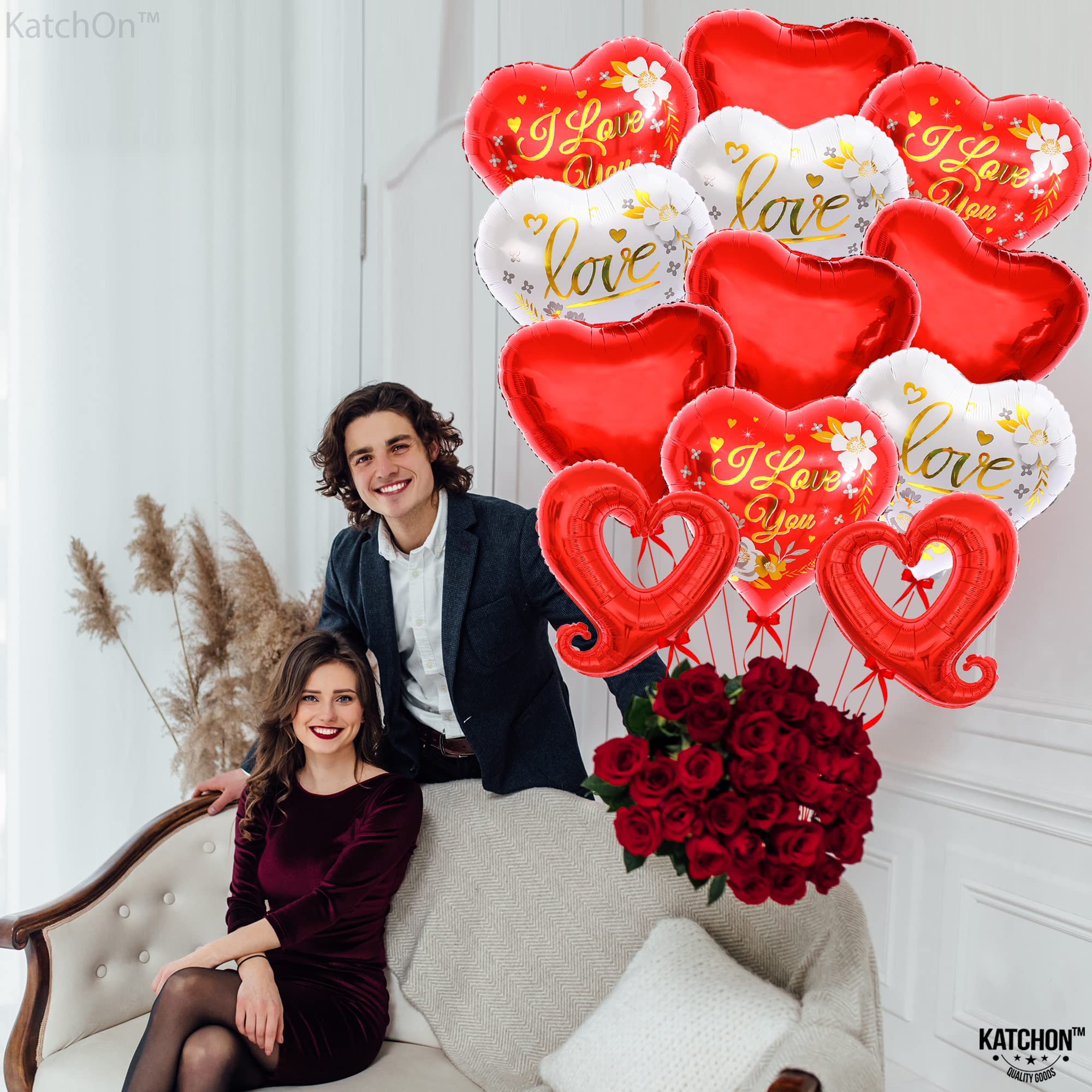 KatchOn Red & White I Love You Balloons - 18 Inch Heart Shaped Balloons (Pack of 12) | Valentine's Day Decorations, Romantic Party Supplies | Perfect for Wedding Proposals, Anniversary Celebrations & Special Date Nights