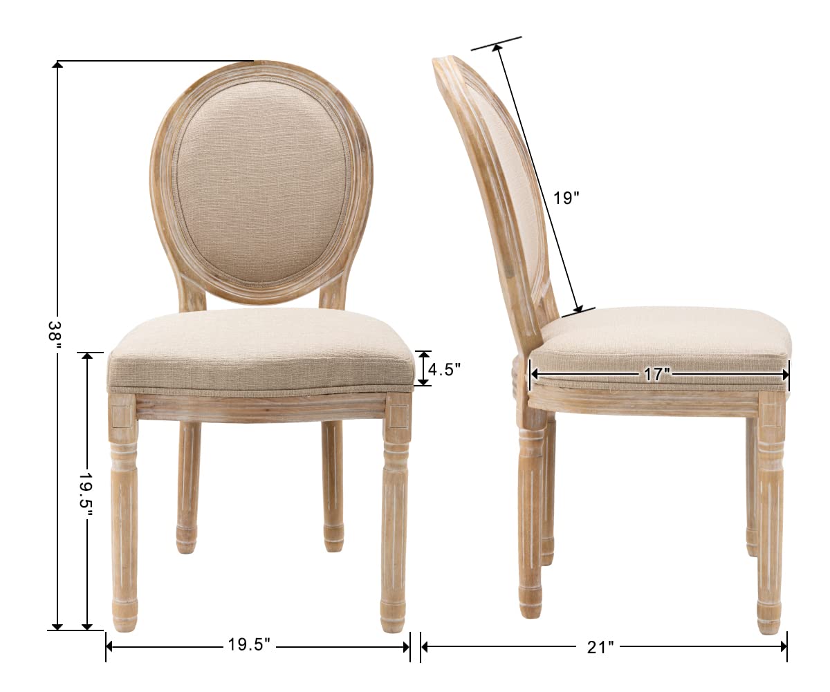 Guyou Upholstered 2-Piece Dining Chair Set in Distressed Driftwood - French Country Vintage Accent Chairs with Round Fabric Back - Perfect for Kitchen, Dining Room & Living Room (Beige)