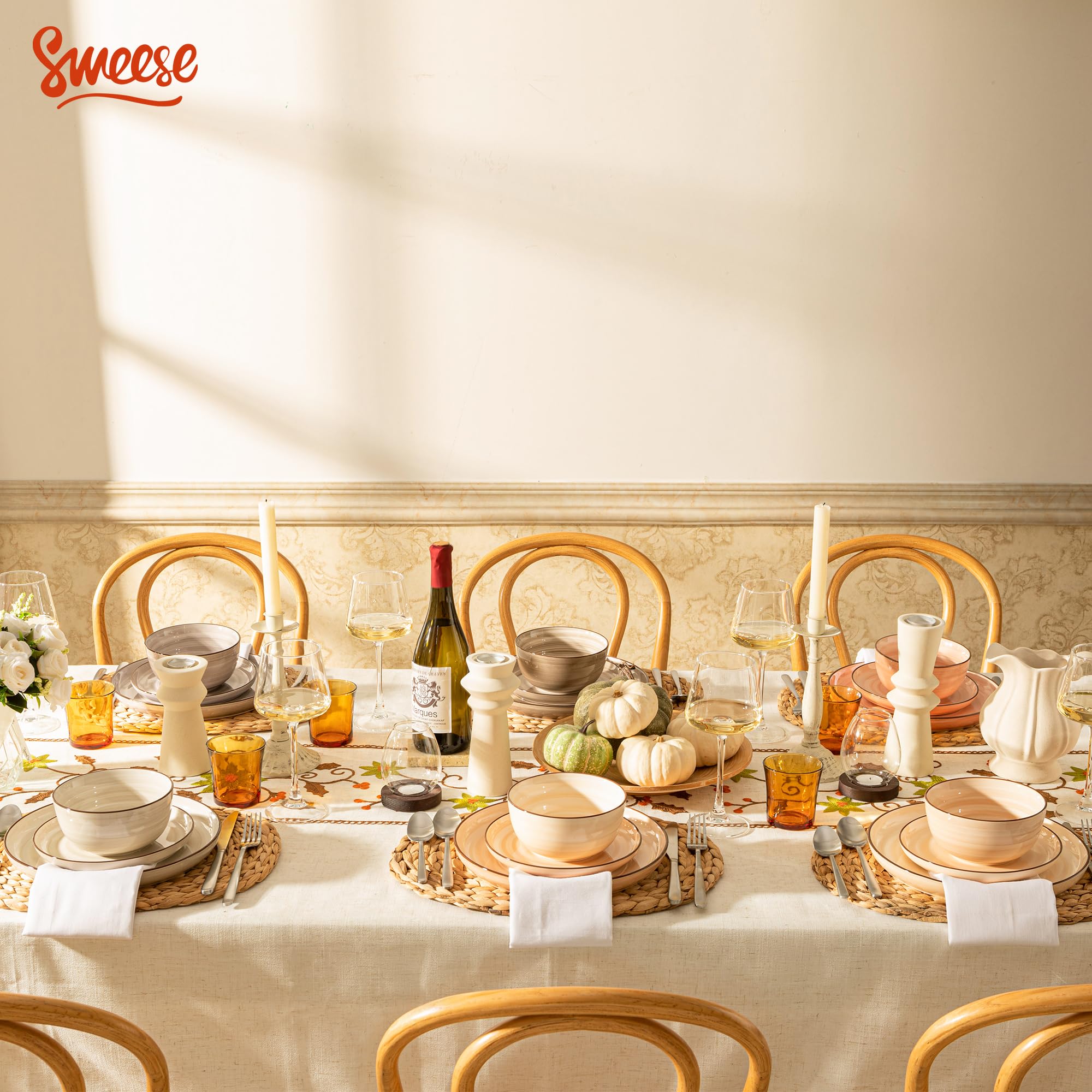 Sweese 18-Piece Porcelain Dinnerware Set - Round Plates & Bowls for 6, Microwave & Dishwasher Safe, Scratch-Resistant Hand-Painted Swirl Design | Perfect for Family Dinners, Entertaining Guests & Everyday Use