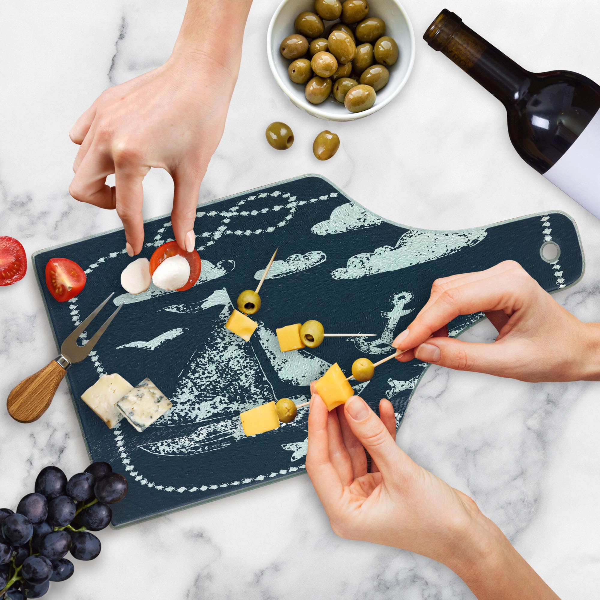 Ambesonne Navy Blue Tempered Glass Cutting Board - Sea Themed Marine Underwater Yacht Cruise Pattern - Decorative Serving Board with Wine Bottle Shape - Perfect for Kitchen, Dining & Entertaining - Navy & White