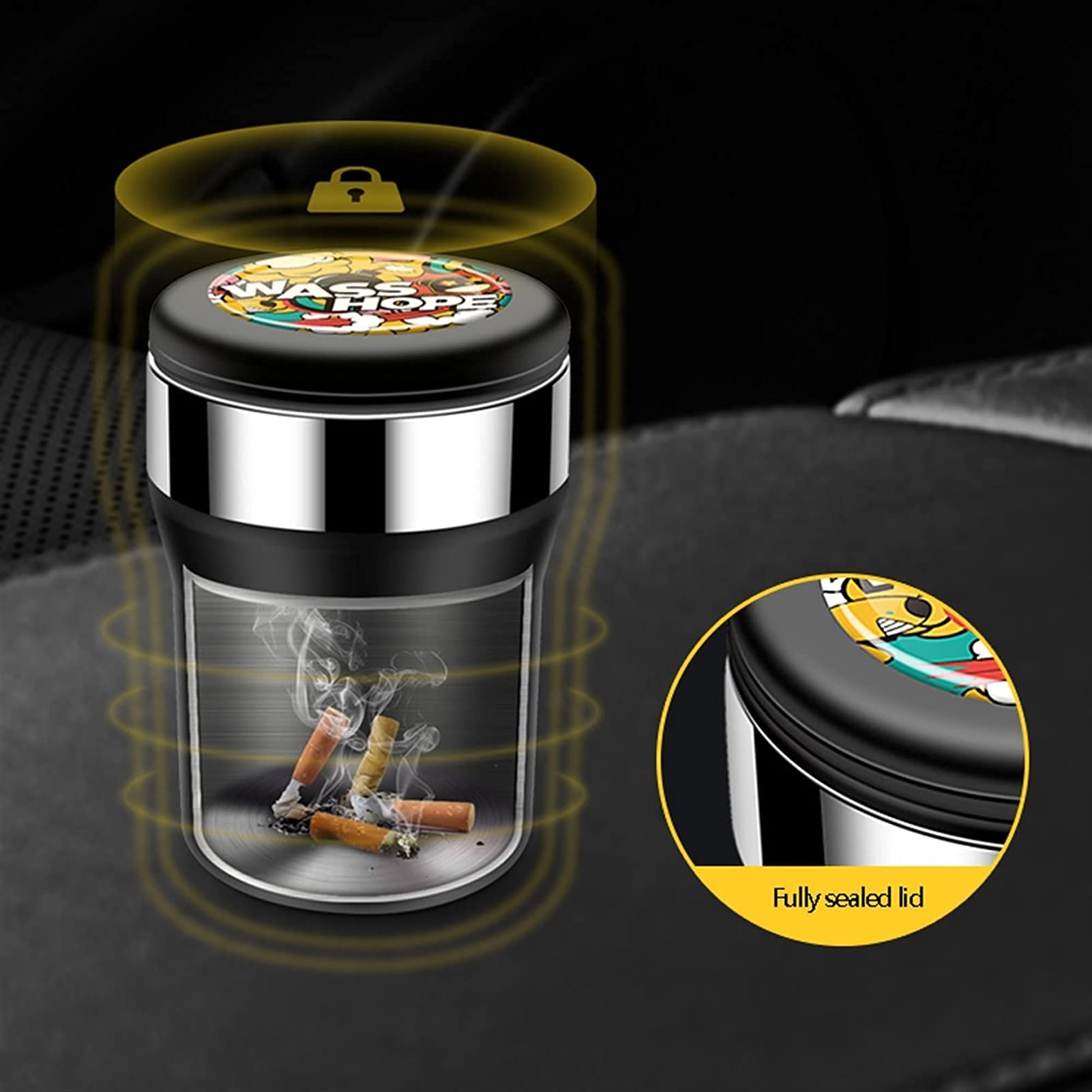 Premium Stainless Steel Car Ashtray with USB LED Lights - Detachable, Odor-Free, Easy Clean Design for Cup Holders | Perfect for Office, Bedroom & Travel Gifts (Black)