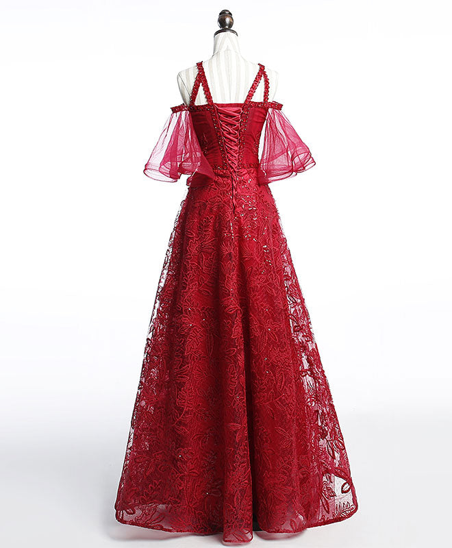 Elegant Burgundy Off-Shoulder Tulle Lace Long Prom Dress for Evening Gala, Wedding Guest & Formal Events