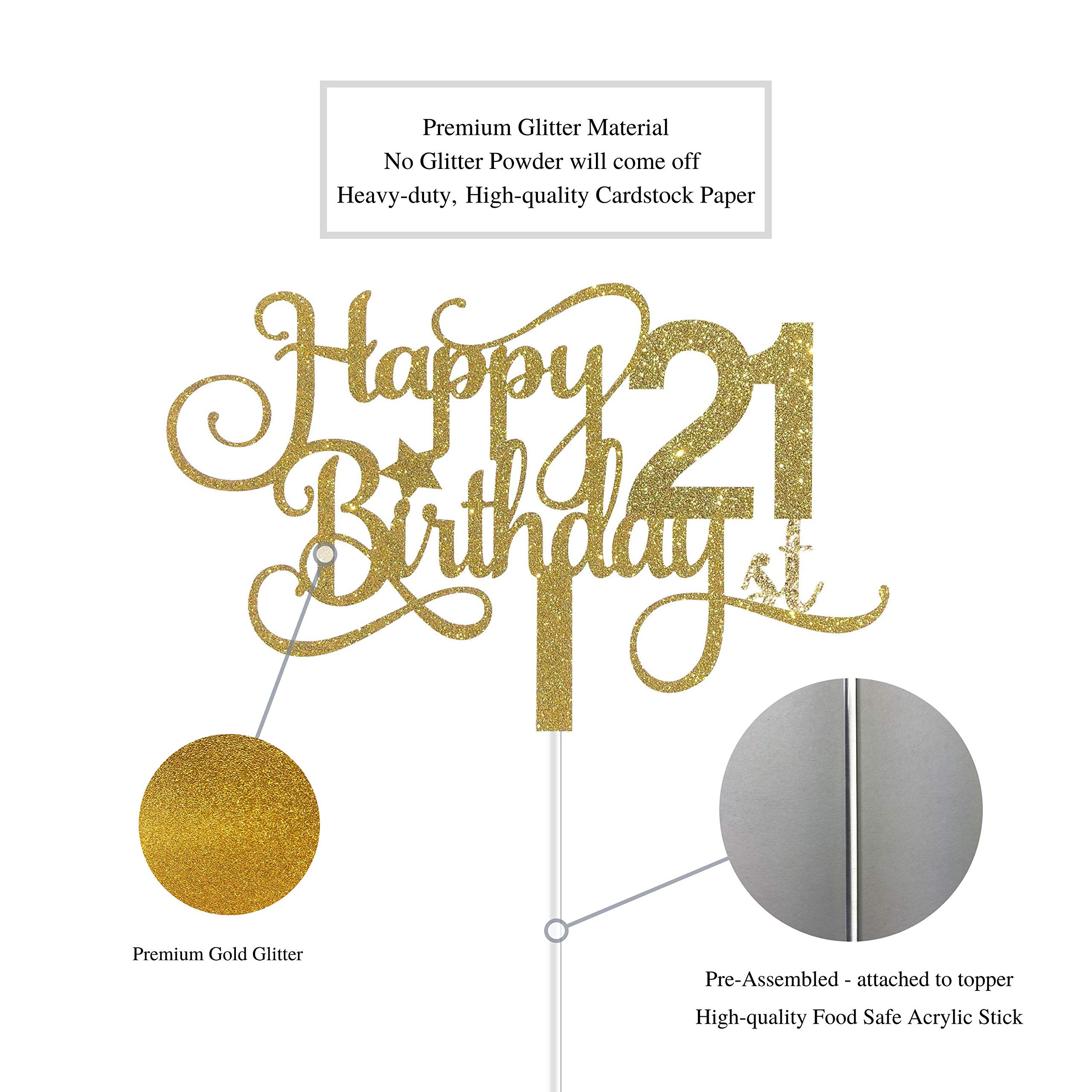 ALPHA K GG 21st Birthday Cake Topper - Gold Glitter Happy 21st Birthday Decorations for Cake - Perfect for 21st Birthday Parties, Celebrations & Milestone Events