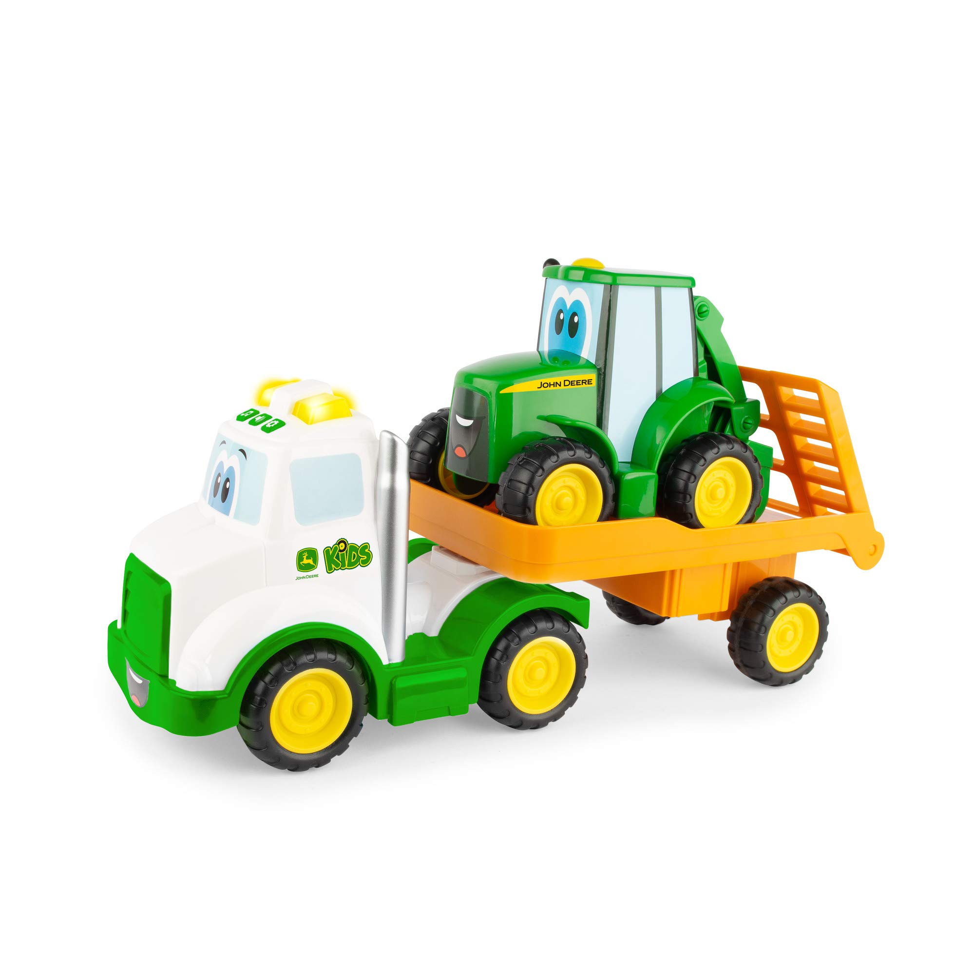John Deere Tomy Lights & Sounds Farmin' Friends Hauling Set - Toy Truck & Backhoe Tractor for Toddlers 18+ Months - Fun Farm-Themed Pretend Play for Kids | Great for Indoor & Outdoor Playtime, Birthday Gifts, and Early Learning Activities