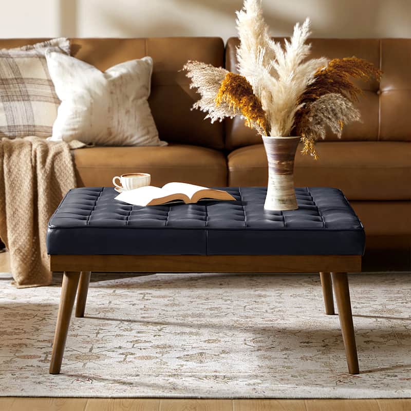 Elisa Mid Century Modern Genuine Leather Ottoman Footrest - Stylish Living Room Accent for Home Decor & Lounge Comfort