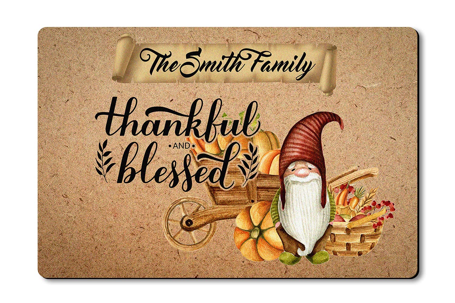 VOTANTA Personalized Thanksgiving Doormat - Happy Fall Harvest Floor Mat with Halloween Gnomes & Pumpkins - Funny Front Door Decoration - 24x16 Inch Indoor/Outdoor Rug - Welcome Decor for Thanksgiving, Halloween & Autumn Season - Perfect for Porch, Entryway & Seasonal Home Decor