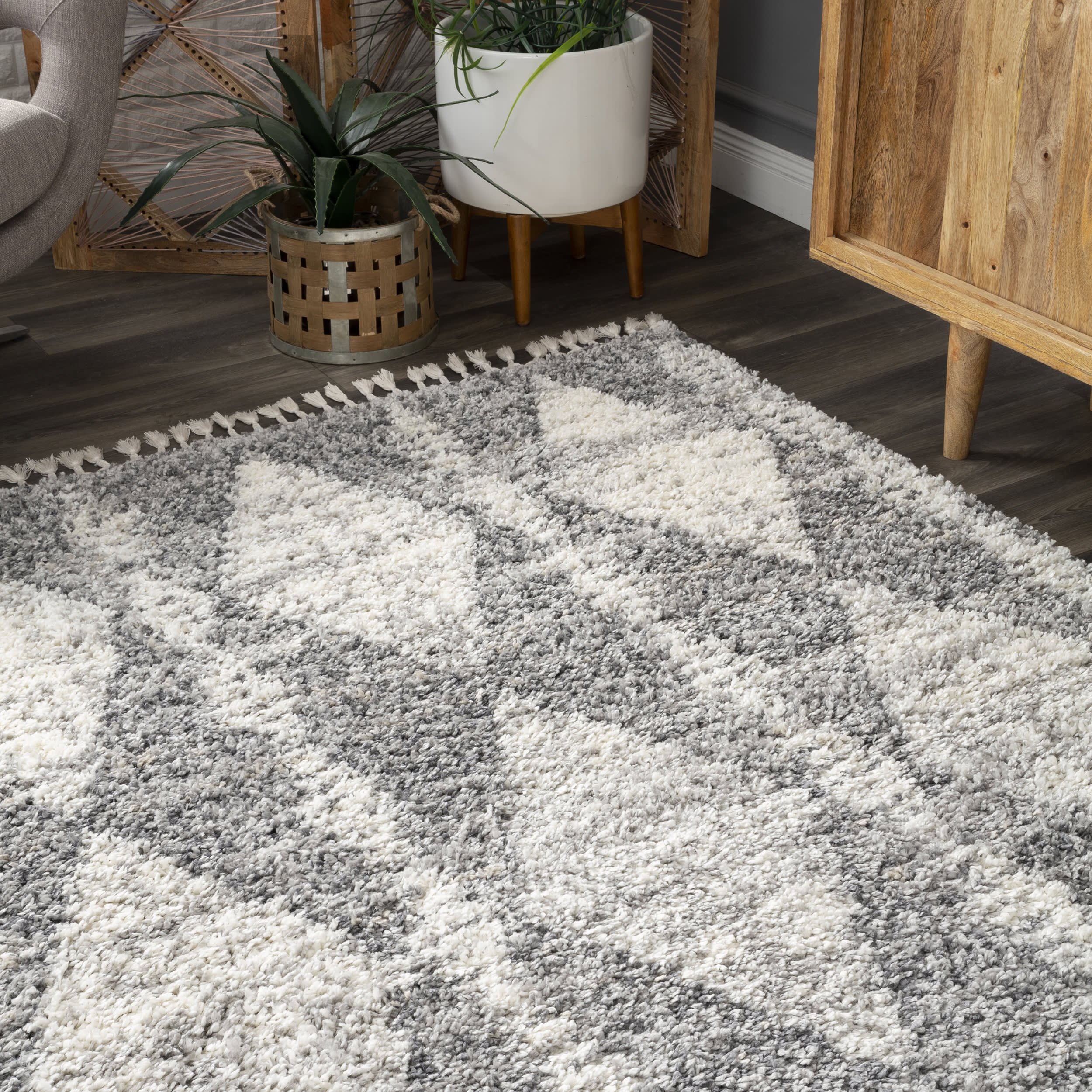 Diamond Band Tassel Rug - Soft Grey Bohemian Area Rug for Living Room, Bedroom & Nursery Decor