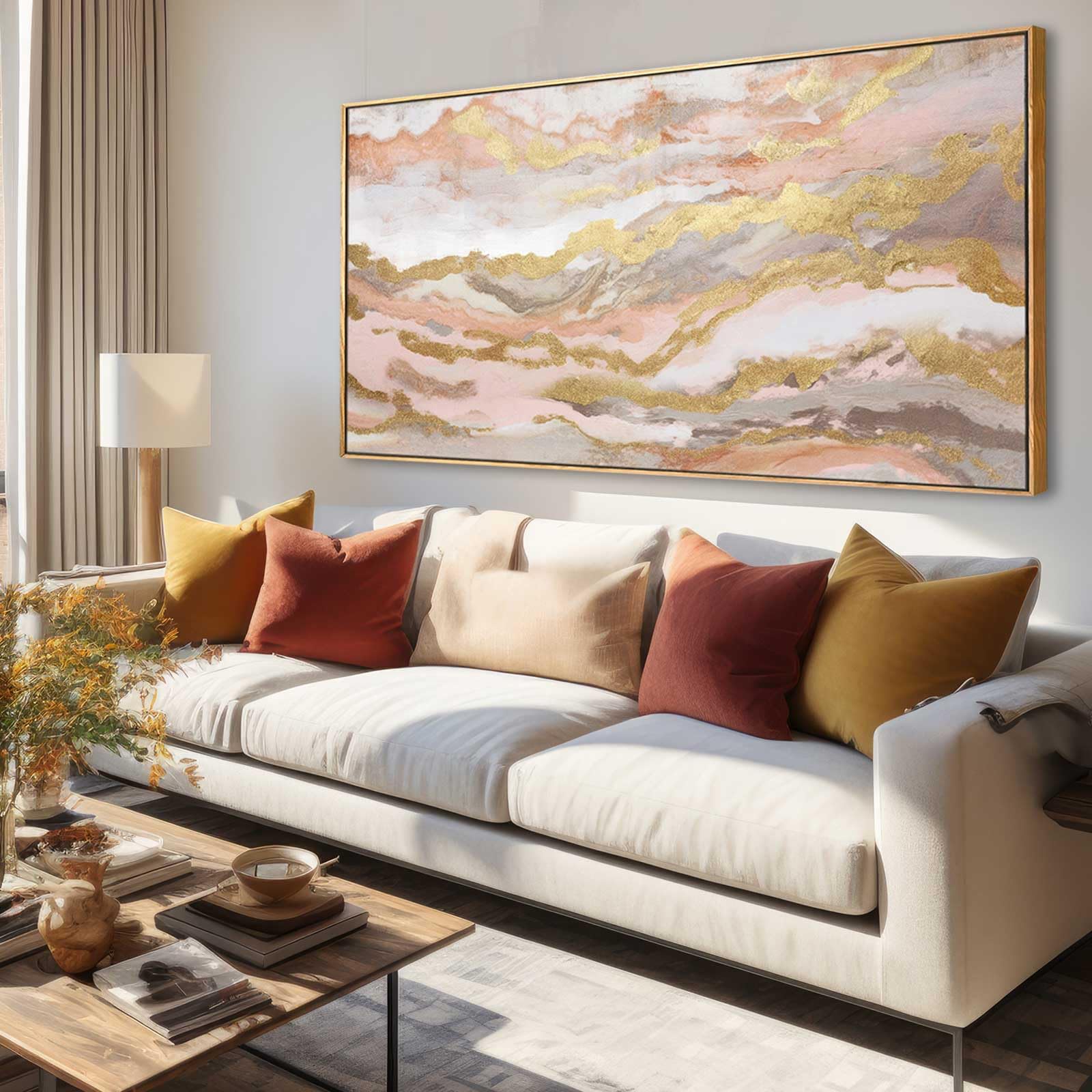 YJYart Pink Abstract Wall Art - 20x40 Inch Large Canvas Painting for Girl's Room, Living Room, Bedroom, Office & Kitchen Decor - Modern Gold Accent Home Decor for Dining Room & Workspace
