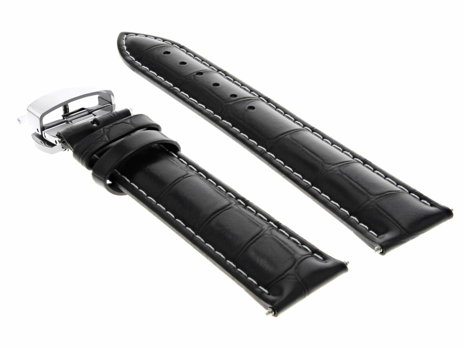 20mm Leather Watch Band for Certina DS Podium - Black with White Stitching | Dress & Casual Wear