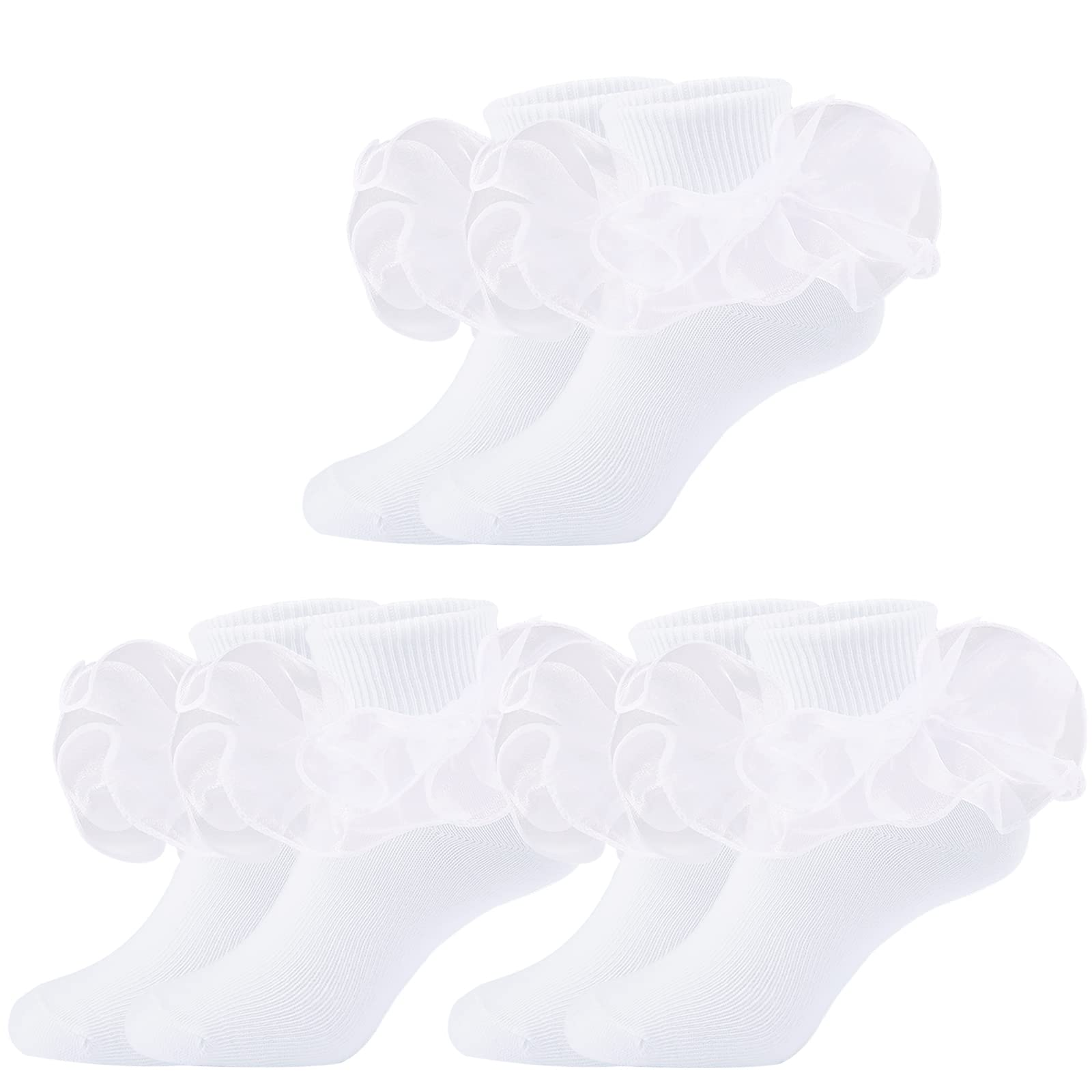 Girls Ruffle Socks - Shiny Double Big Lace Ankle Socks 2-3 Pairs Set for Toddlers | Frilly Dress Socks for Pageants, Parties & Special Occasions | Comfortable Turn Cuff Socks for Girls Outfits