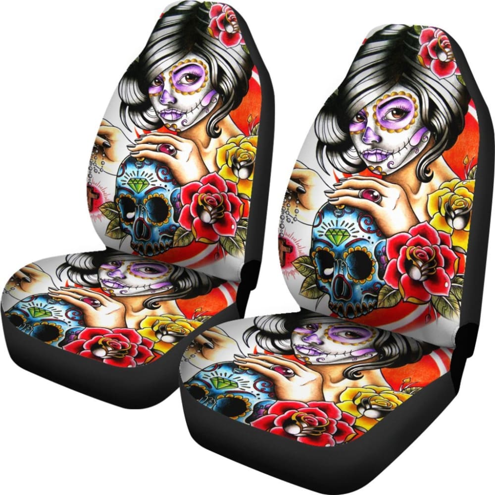 2 Pcs Day of The Dead Sugar Skull Girl Car Seat Covers - Mexican Folk Art Design, Universal Fit for Most Vehicles - Perfect for Halloween, Dia de Los Muertos & Car Decorations
