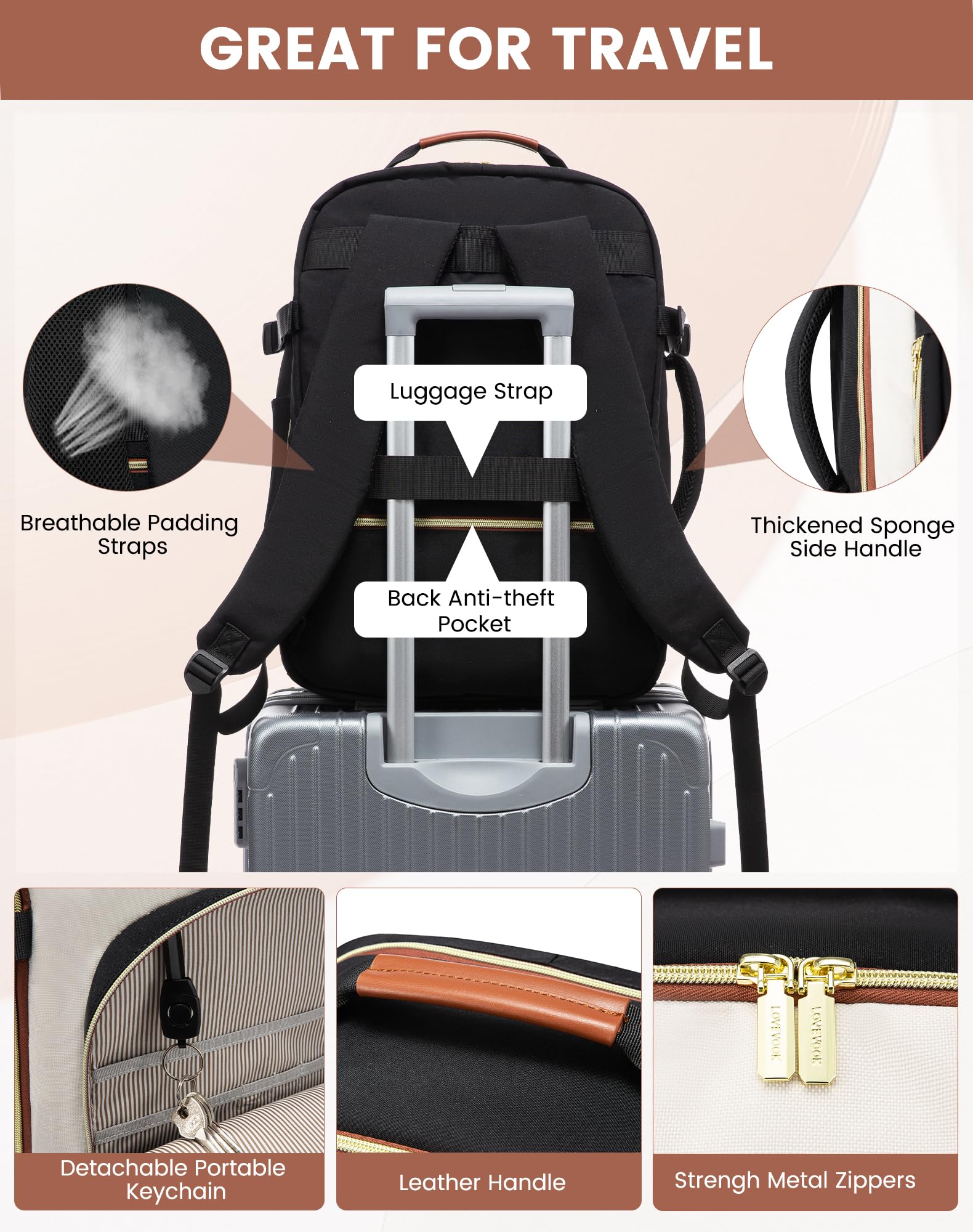 LOVEVOOK 50L Large Travel Backpack for Men & Women - Airline Approved Carry On Backpack with 3 Packing Cubes, Waterproof TSA Personal Item Bag Fits 18