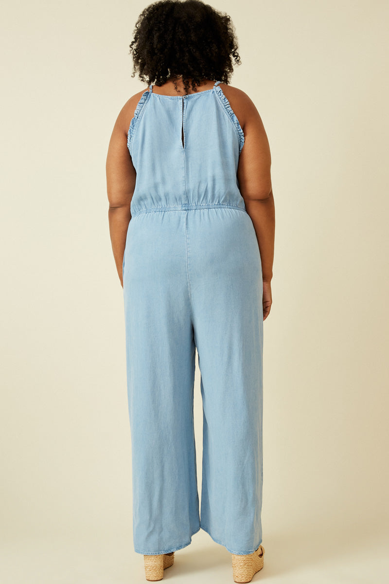 Women's Ruffled Halter Wide-Leg Denim Tencel Jumpsuit - Stylish Summer Romper for Beach, Vacation & Casual Outings