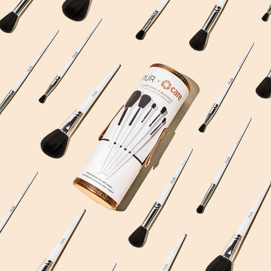 PÜR x CARE 5 Piece Makeup Brush Set with Holder - Professional Cosmetic Brushes for Foundation, Blush, Eyeshadow & More - Perfect for Home & Travel Makeup Kits