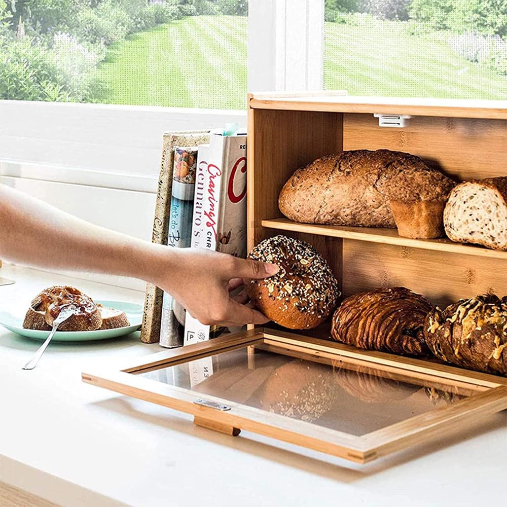 Wooden Bread Box with Transparent Double Layer Drawer - Large Capacity Kitchen Countertop Organizer for Bread, Snacks & Pastries | Durable Thickened Brown Cabinet for Pantry Storage & Home Decor