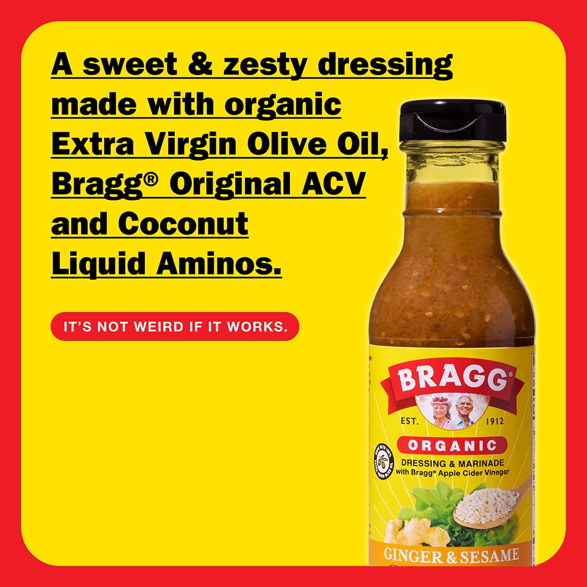 Bragg Organic Ginger & Sesame Salad Dressing & Marinade - 12 fl oz - Gluten-Free, Vegan, Non-GMO - Made with Apple Cider Vinegar - Perfect for Salads, Stir-Fries & Asian-Inspired Dishes