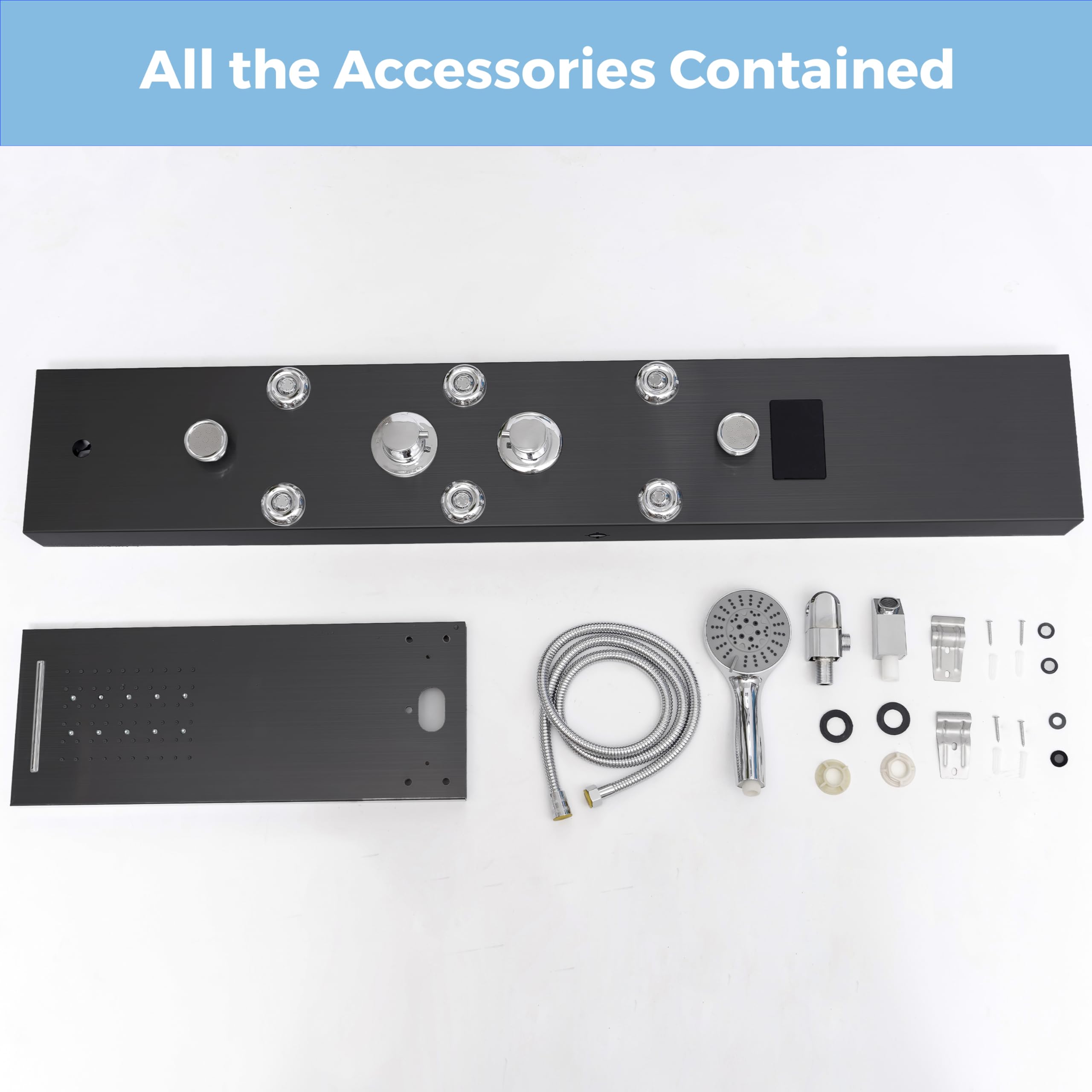 DELAVIN LED Shower Panel - Stainless Steel Shower Tower System with Temperature Display | 5-Function Rainfall, Waterfall, Massage Body Jets, Tub Spout & Handheld Showerhead | Brushed Black Finish for Modern Bathroom Luxury & Spa Experience