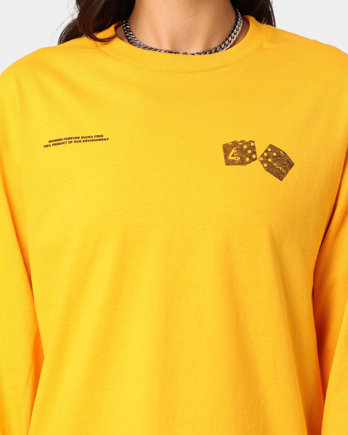 4HUNNID Roll The Dice Long Sleeve T-Shirt Mustard Yellow - Streetwear Graphic Tee for Men & Women - Perfect for Casual Wear, Gaming Events & Urban Fashion