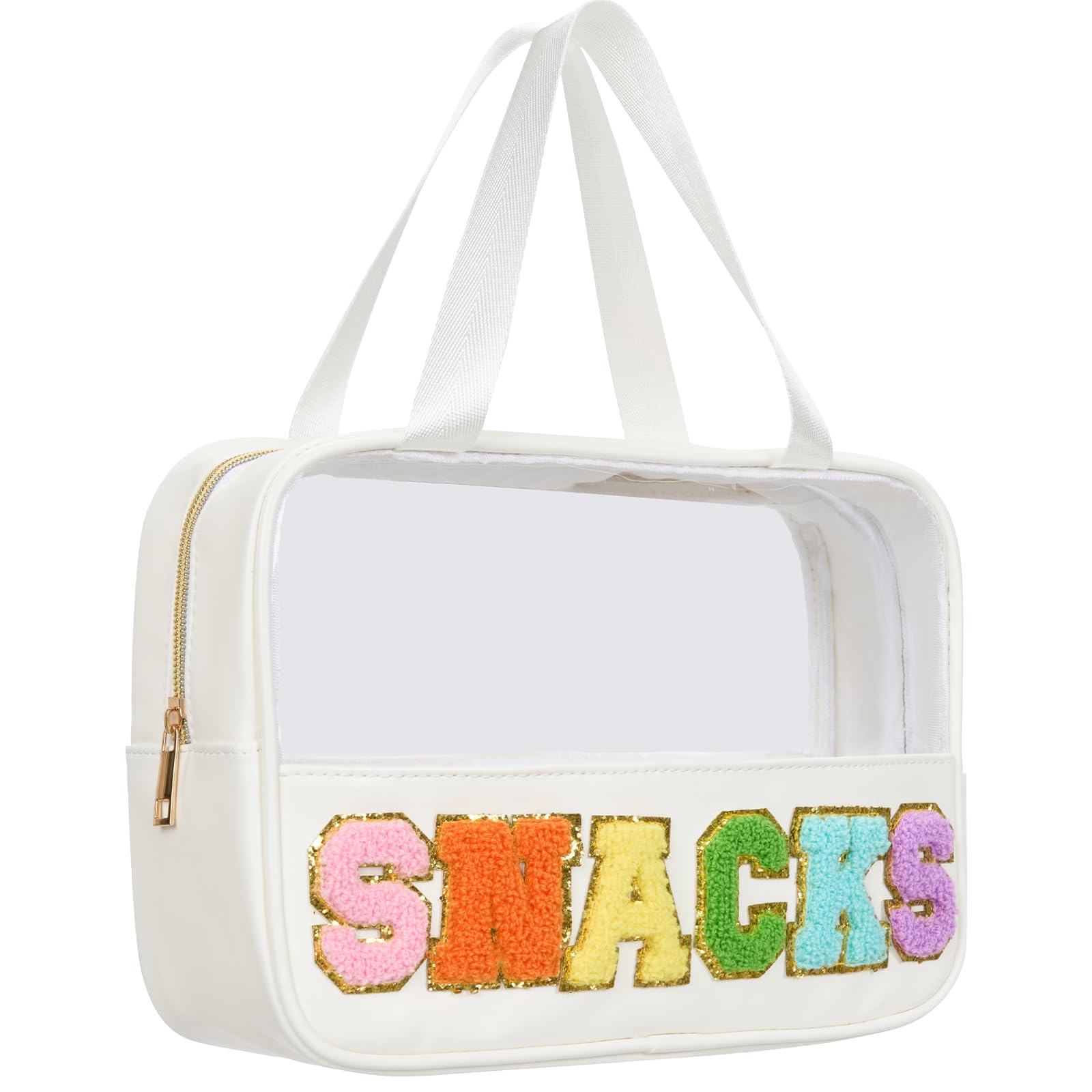 Clear Chenille Varsity Letter Zipper Pouch - Aesthetic Glitter Makeup Bag for Women | Travel Storage Organizer | Perfect for School, Gym & Cosmetics