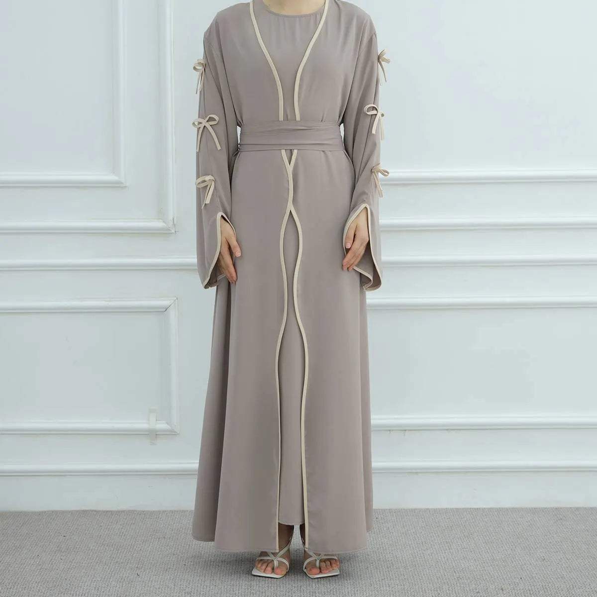 2-Piece Soft Nida Open Abaya Dress Set with Inner Sleeveless Dress - Elegant Muslim Prayer Dress for Women (Beige, #251003) | Perfect for Eid, Ramadan, Mosque & Special Occasions